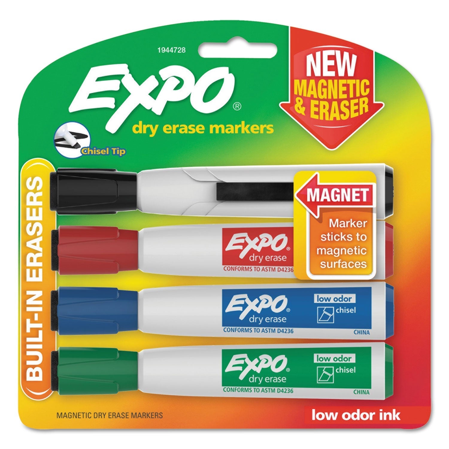 Magnetic Dry Erase Marker | Chisel, Assorted, 4/Pack