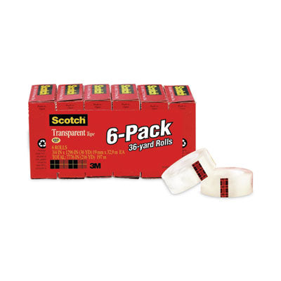 Scotch® Transparent Tape, 1" Core, 0.75" X 36 Yds, Transparent, 6/pack