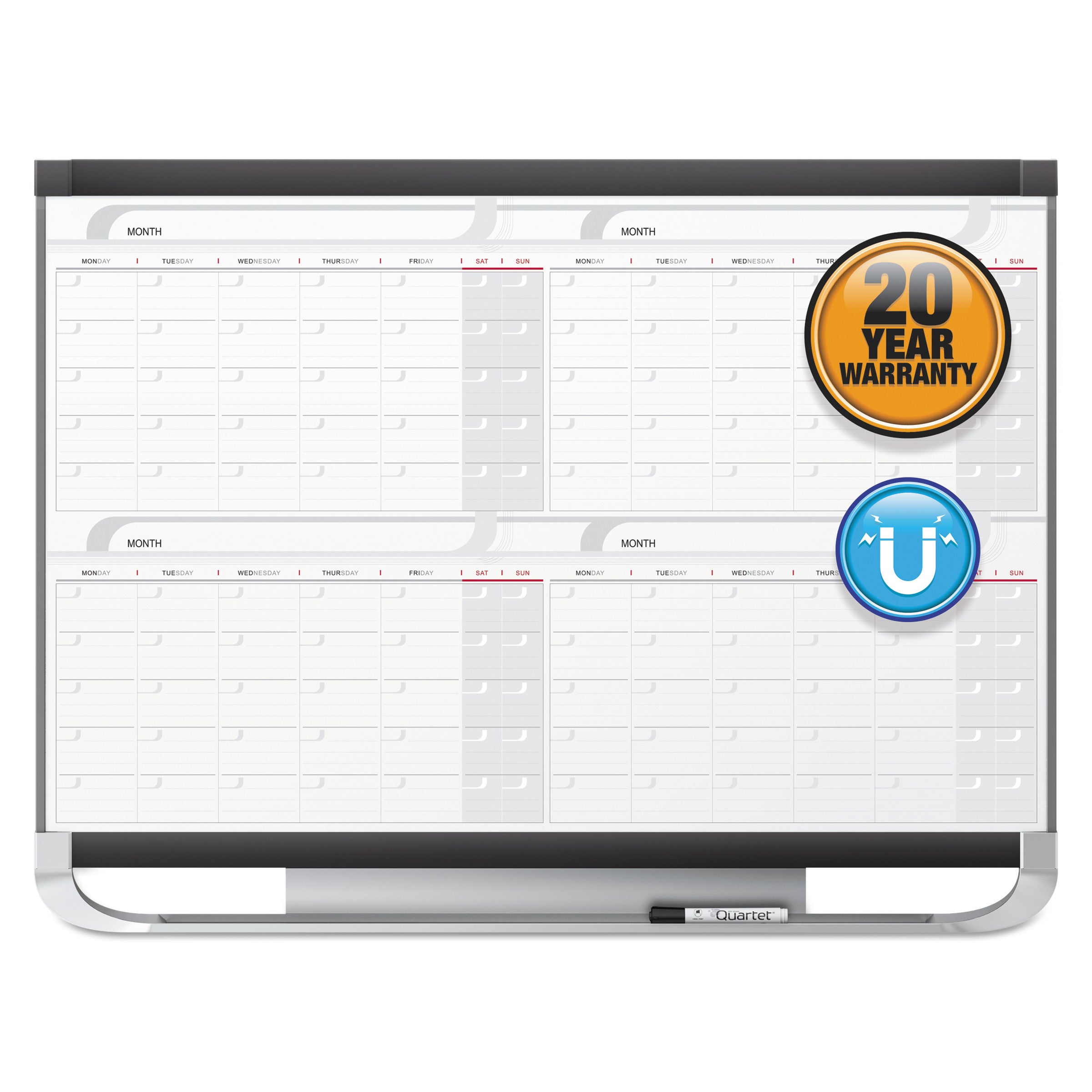 Quartet® Prestige 2 Magnetic Total Erase Four-Month Calendar, 36" x 24", White Surface, Graphite Gray Fiberboard/Plastic Frame