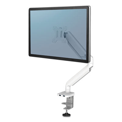 Fellowes® Platinum Series Single Monitor Arm, For 27" Monitors, 360 Deg Rotation, 45 Deg Tilt, 180 Deg Pan, White, Supports 20 Lb
