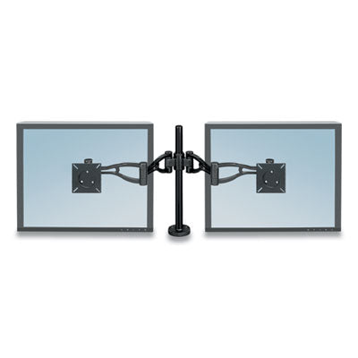 Fellowes® Professional Series Depth Adjustable Dual Monitor Arm, 360 Deg Rotation, 37 Deg Tilt, 360 Deg Pan, Black, Supports 24 Lb