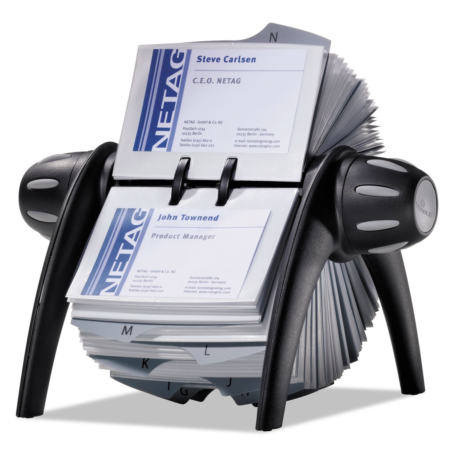 Durable® Visifix Flip Rotary Business Card File, Holds 400 2.88 X 4.13 Cards, 8.75 X 7.13 X 8.06, Plastic, Black/silver