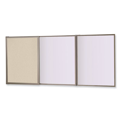 Ghent VisuALL PC Whiteboard Cabinet with Fabric Bulletin Board Exterior Doors, 36" x 24", Beige/White Surface, Satin Aluminum Frame
