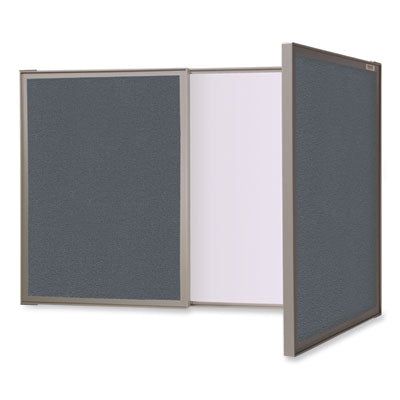 Ghent VisuALL PC Whiteboard Cabinet with Fabric Bulletin Board Exterior Doors, 36" x 24", Gray/White Surface, Satin Aluminum Frame