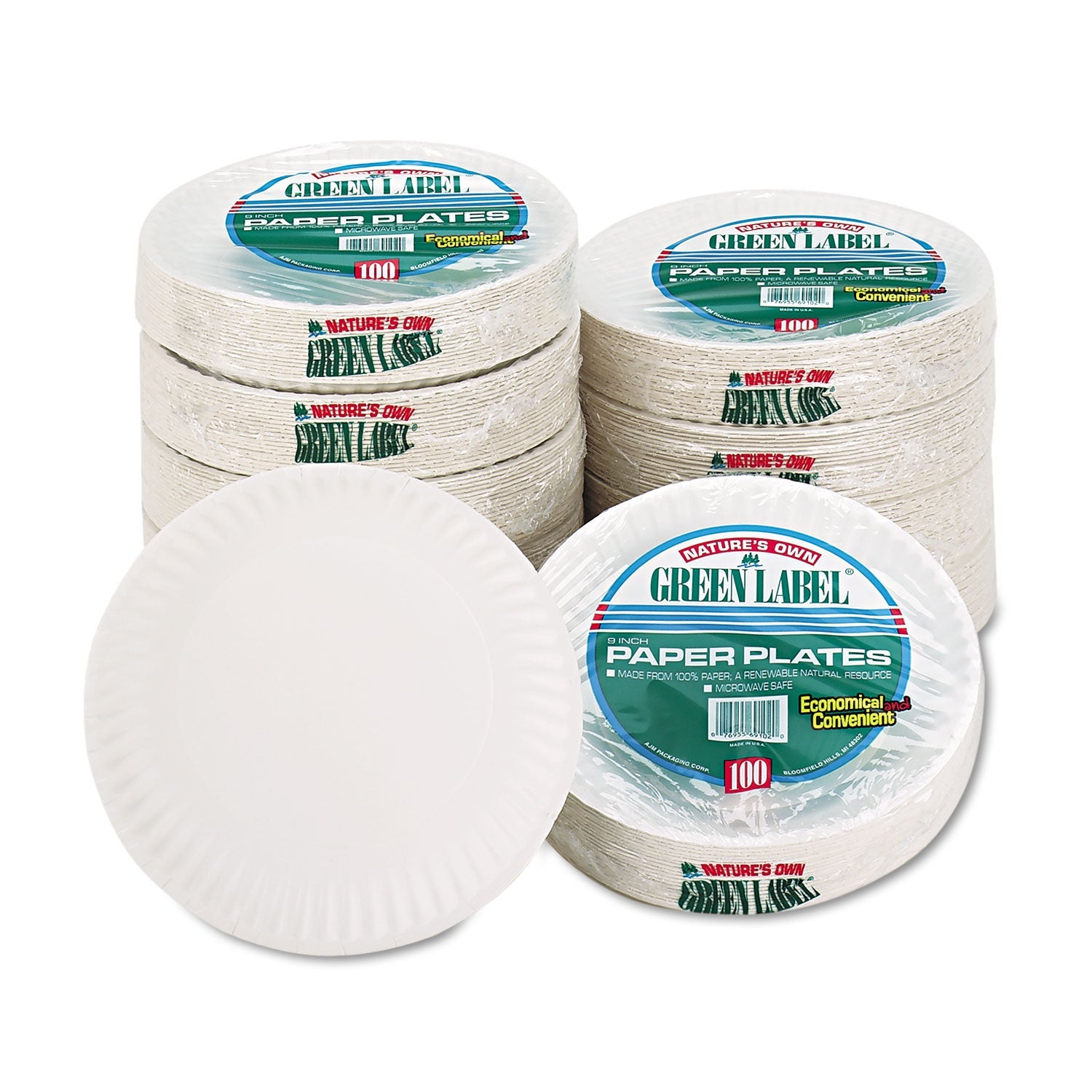 AJM Packaging Corporation White Paper Plates, 9" Dia, 100/pack, 10 Packs/carton