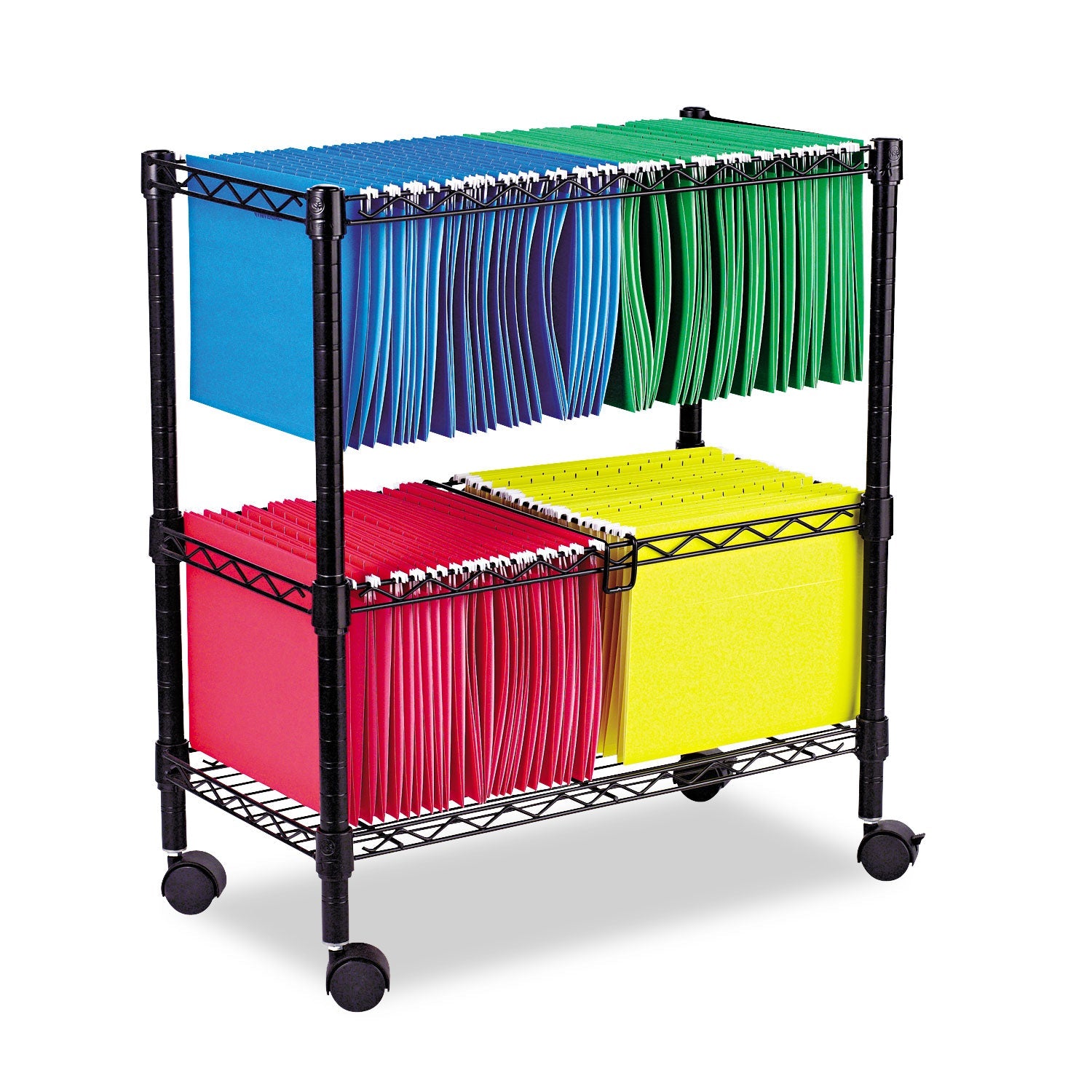Alera® Two-Tier File Cart for Front-to-Back + Side-to-Side Filing, Metal, 1 Shelf, 3 Bins, 26" x 14" x 29.5", Black