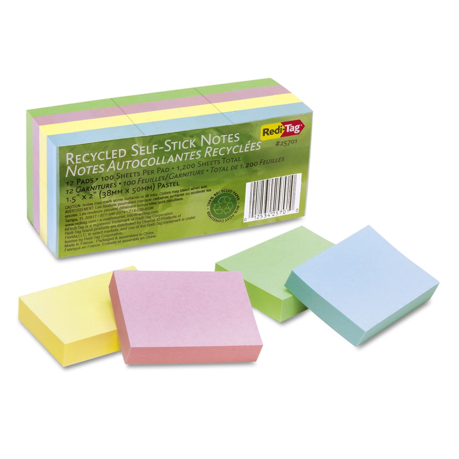 Redi-Tag® 100% Recycled Self-Stick Notes, 1.5" x 2", Assorted Pastel Colors, 100 Sheets/Pad, 12 Pads/Pack
