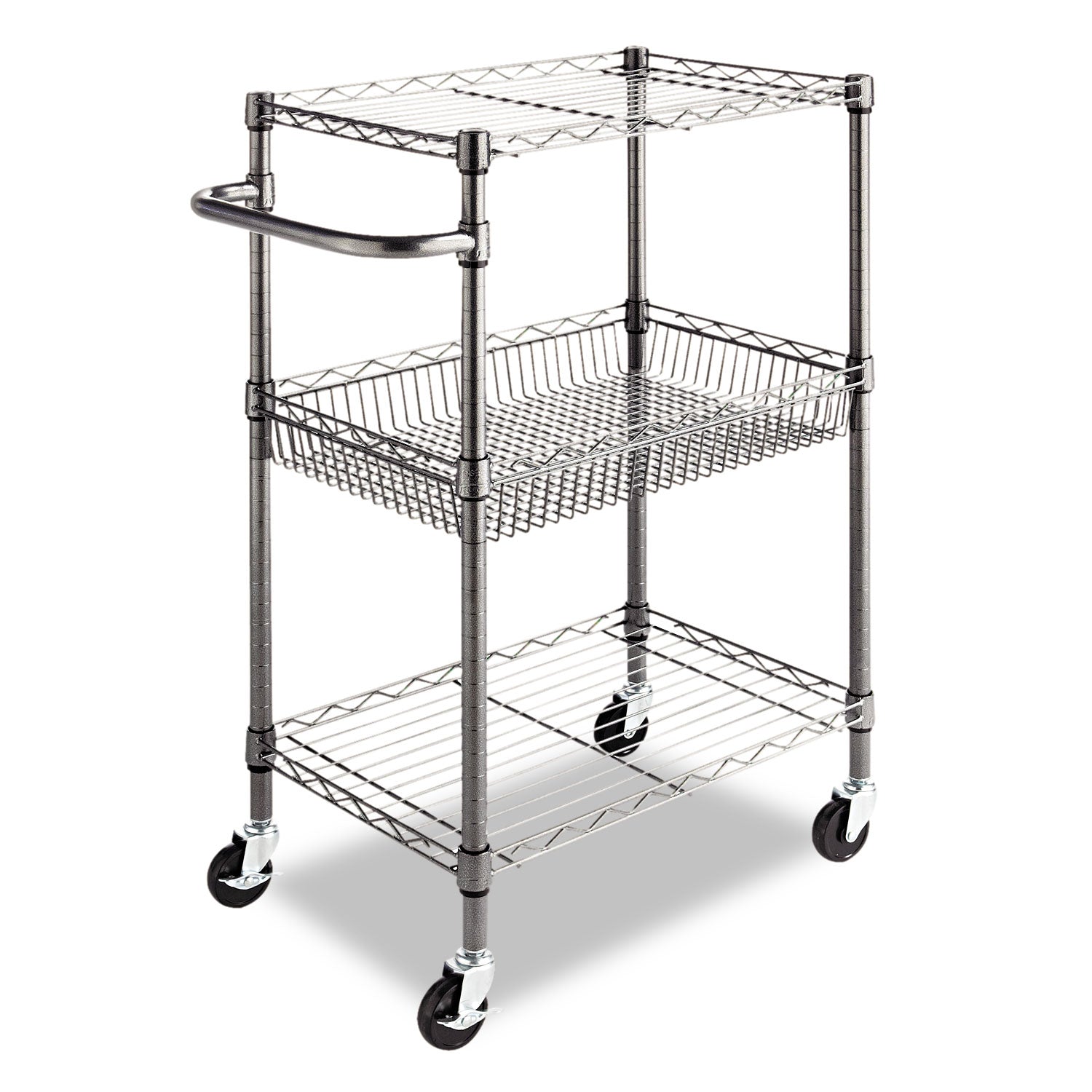 Alera® Three-Tier Wire Cart with Basket, Metal, 2 Shelves, 1 Bin, 500 lb Capacity, 28" x 16" x 39", Black Anthracite