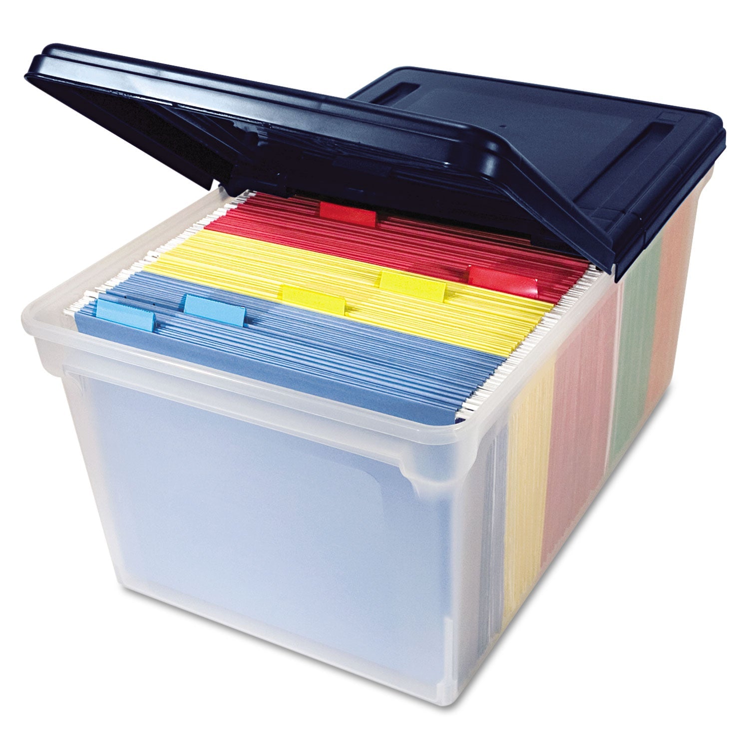 Innovative Storage Designs Extra-Capacity 28" File Tote, Letter Files, 23.25" X 14.25" X 10.63", Clear/navy