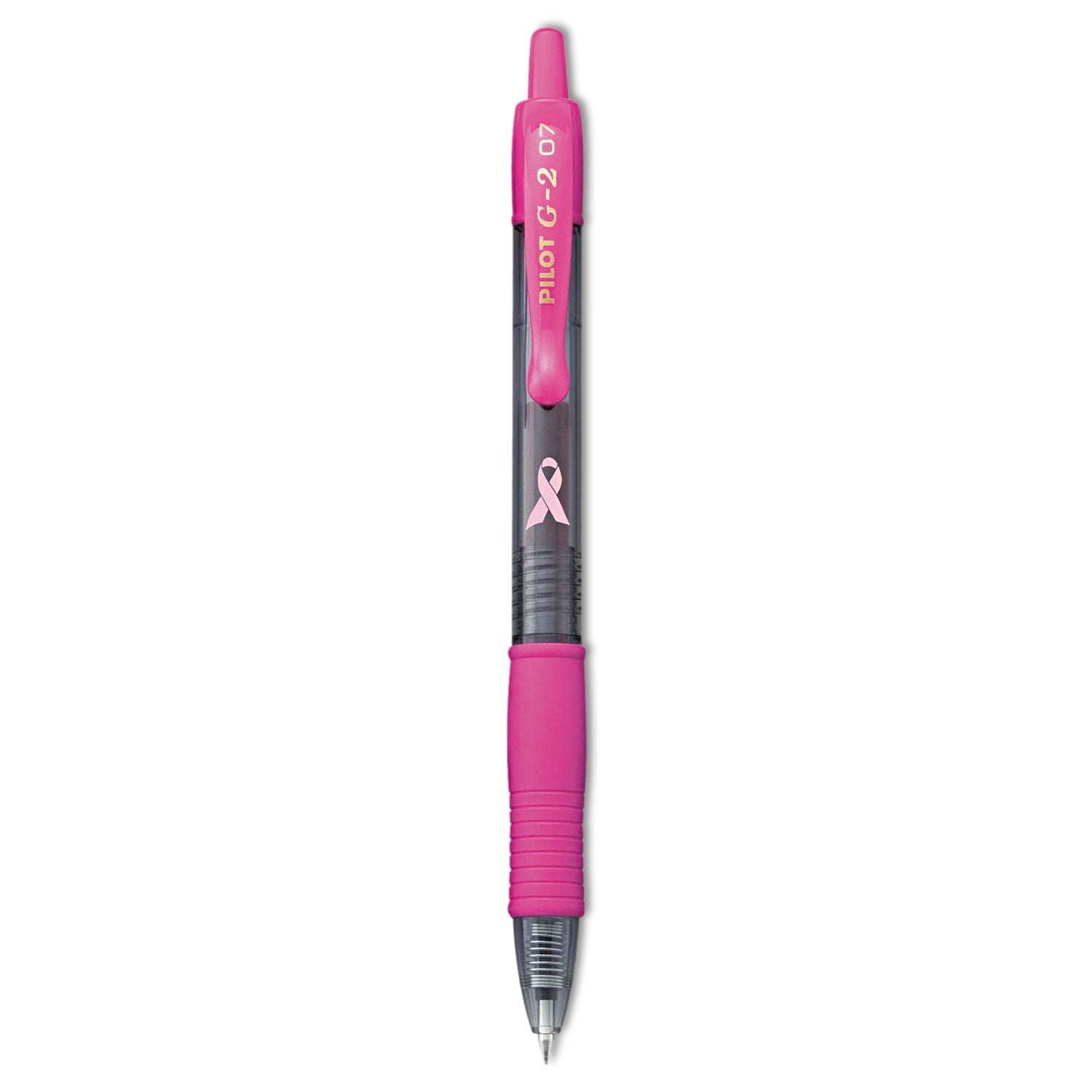 Pilot® G2 Premium Breast Cancer Awareness Gel Pen, Retractable, Fine 0.7 mm, Black Ink, Smoke/Pink Barrel, 2/Pack