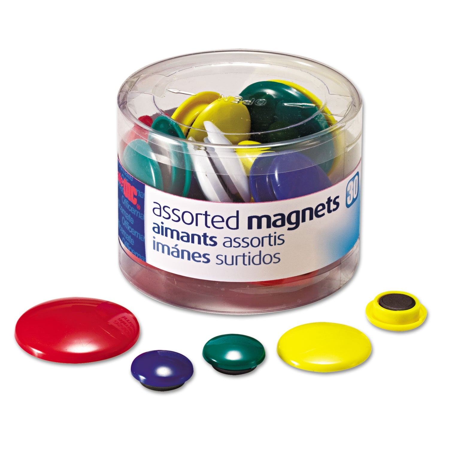 Officemate Assorted Magnets, Circles, Assorted Sizes And Colors, 30/tub