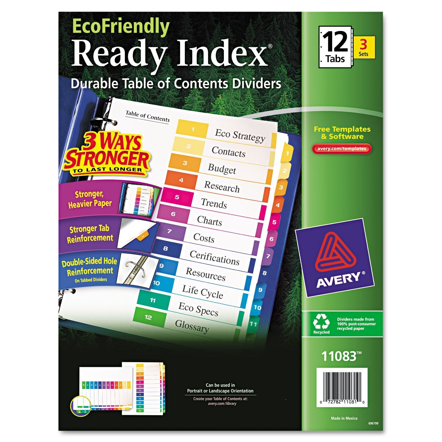 Avery® Customizable Table Of Contents Ready Index Dividers With Multicolor Tabs, 12-Tab, 1 To 12, 11 X 8.5, White, 3 Sets
