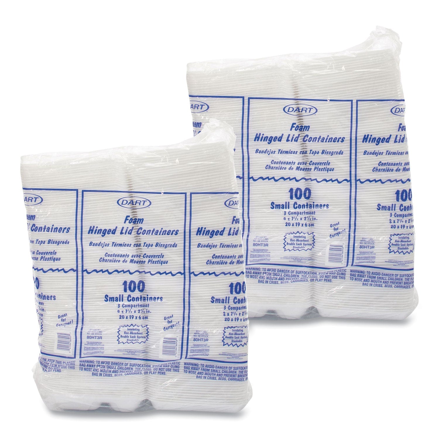 Dart® Foam Hinged Lid Containers, 3 Compartments, 7.5 x 8 x 2.3, White, 200/Carton