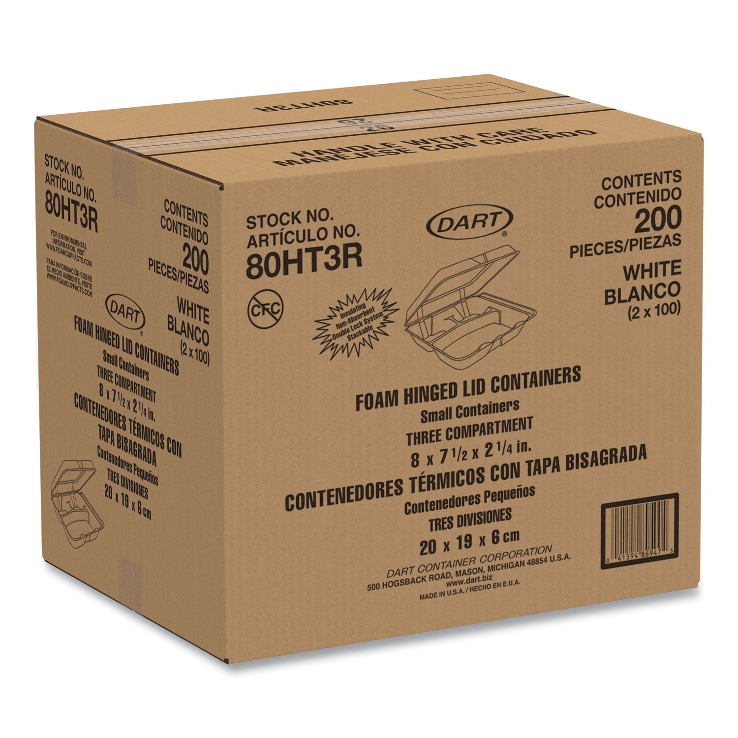 Dart® Foam Hinged Lid Containers, 3 Compartments, 7.5 x 8 x 2.3, White, 200/Carton