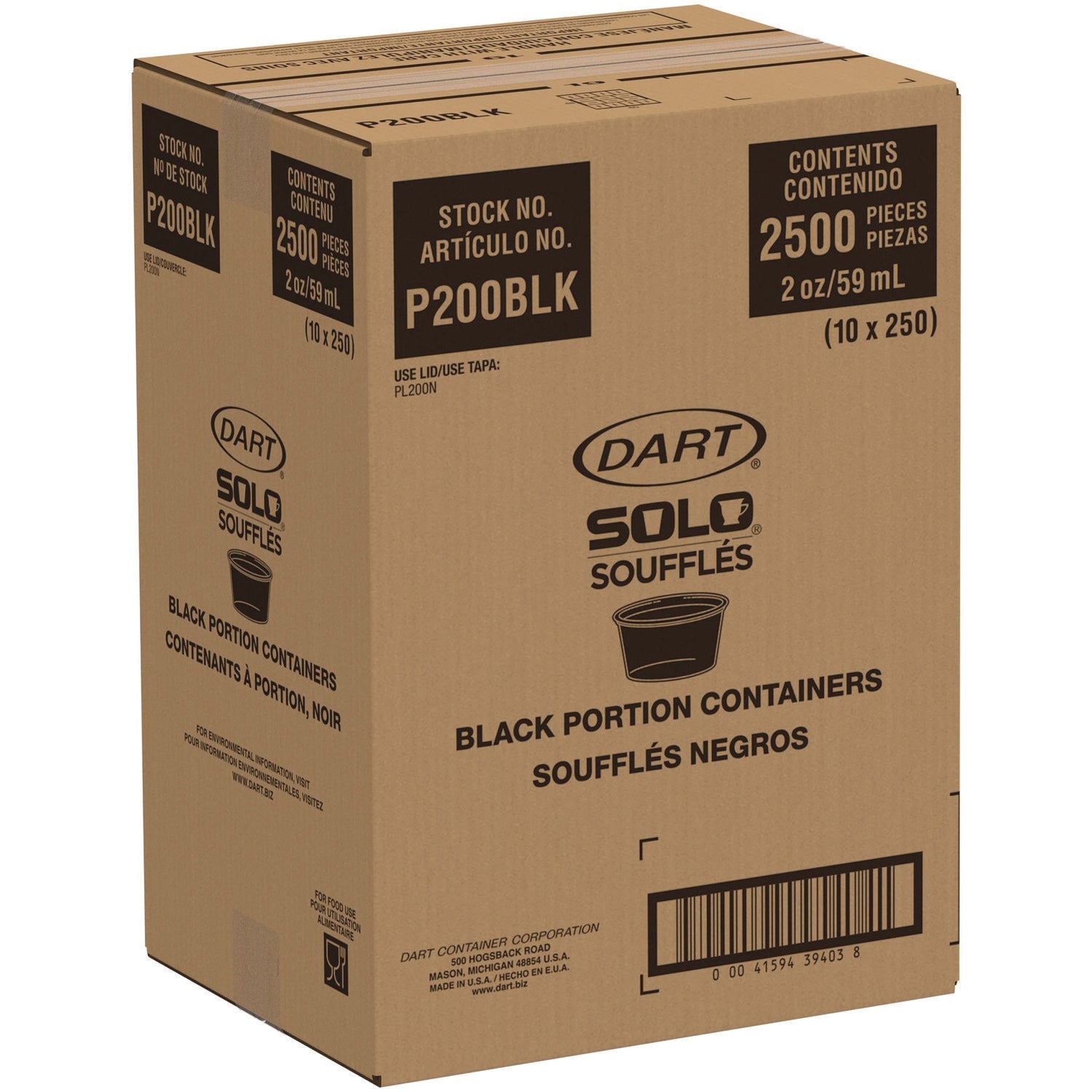Dart® Polystyrene Portion Cups, 2 oz, Plastic, Black, 250/Bag, 10 Bags/Carton