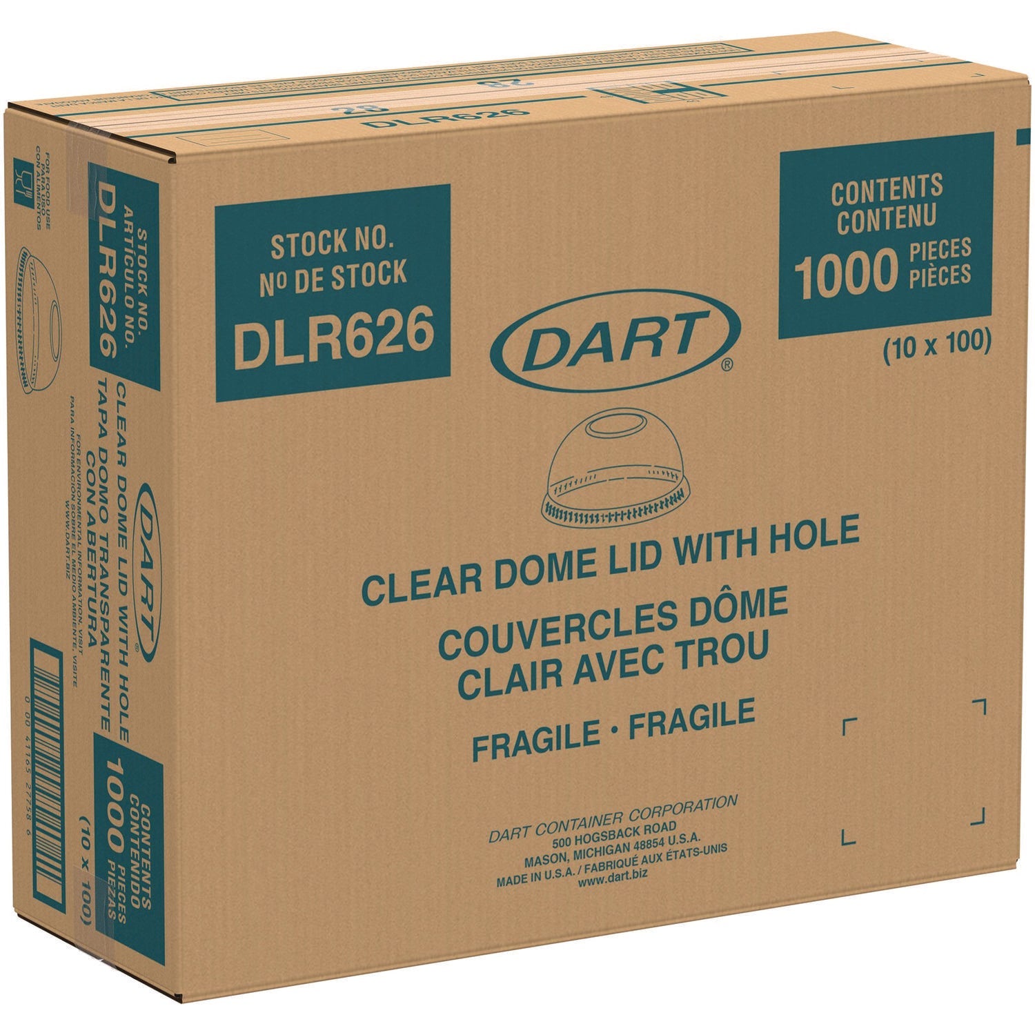 Dart® Ultra Clear Dome Cold Cup Lids, Fits 16 oz to 24 oz Cold Cups, Plastic, Clear, 1,000/Carton