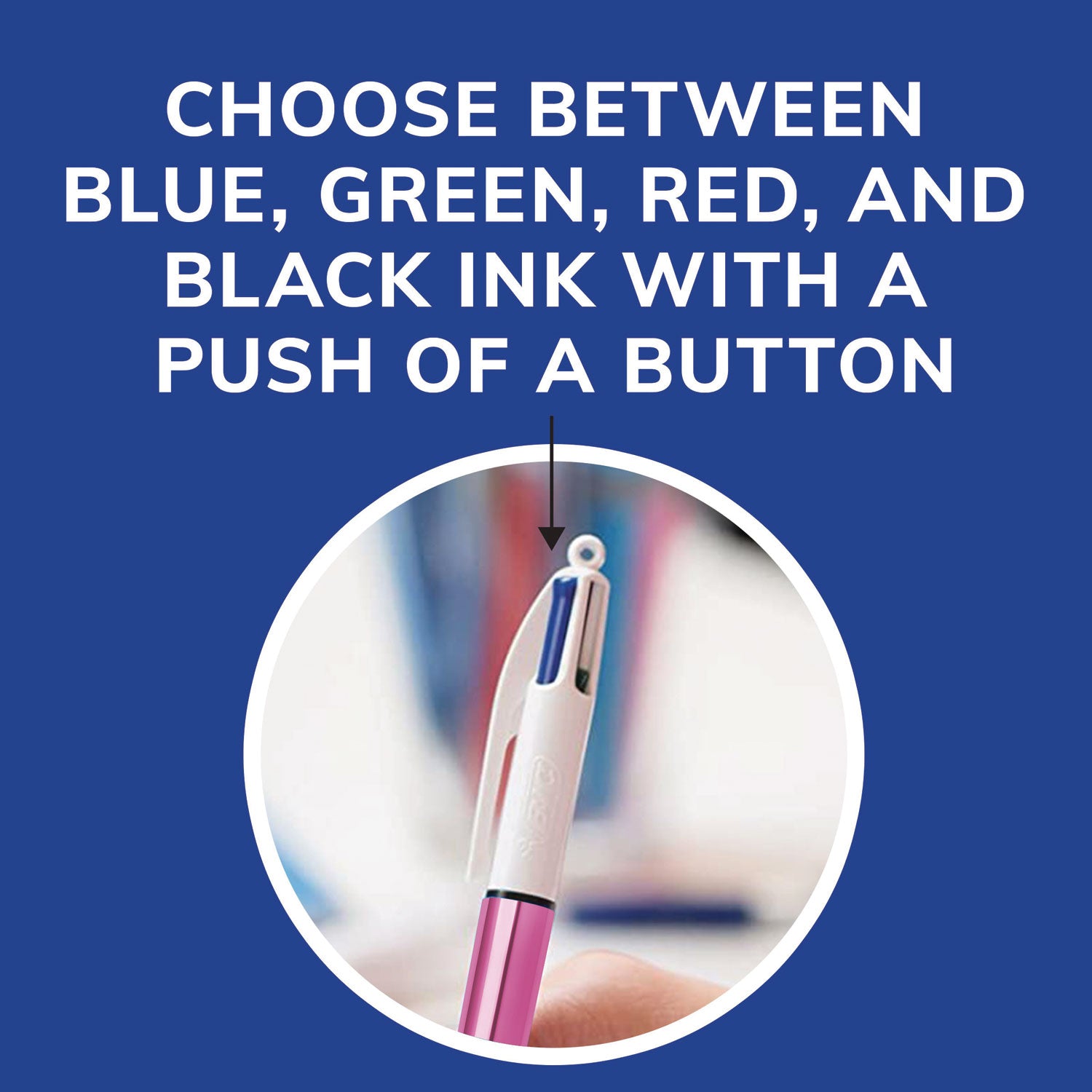 BIC® 4-Color Multi-Color Ballpoint Pen, Retractable, Medium 1mm, Black/Blue/Green/Red Ink, Blue/White Barrel