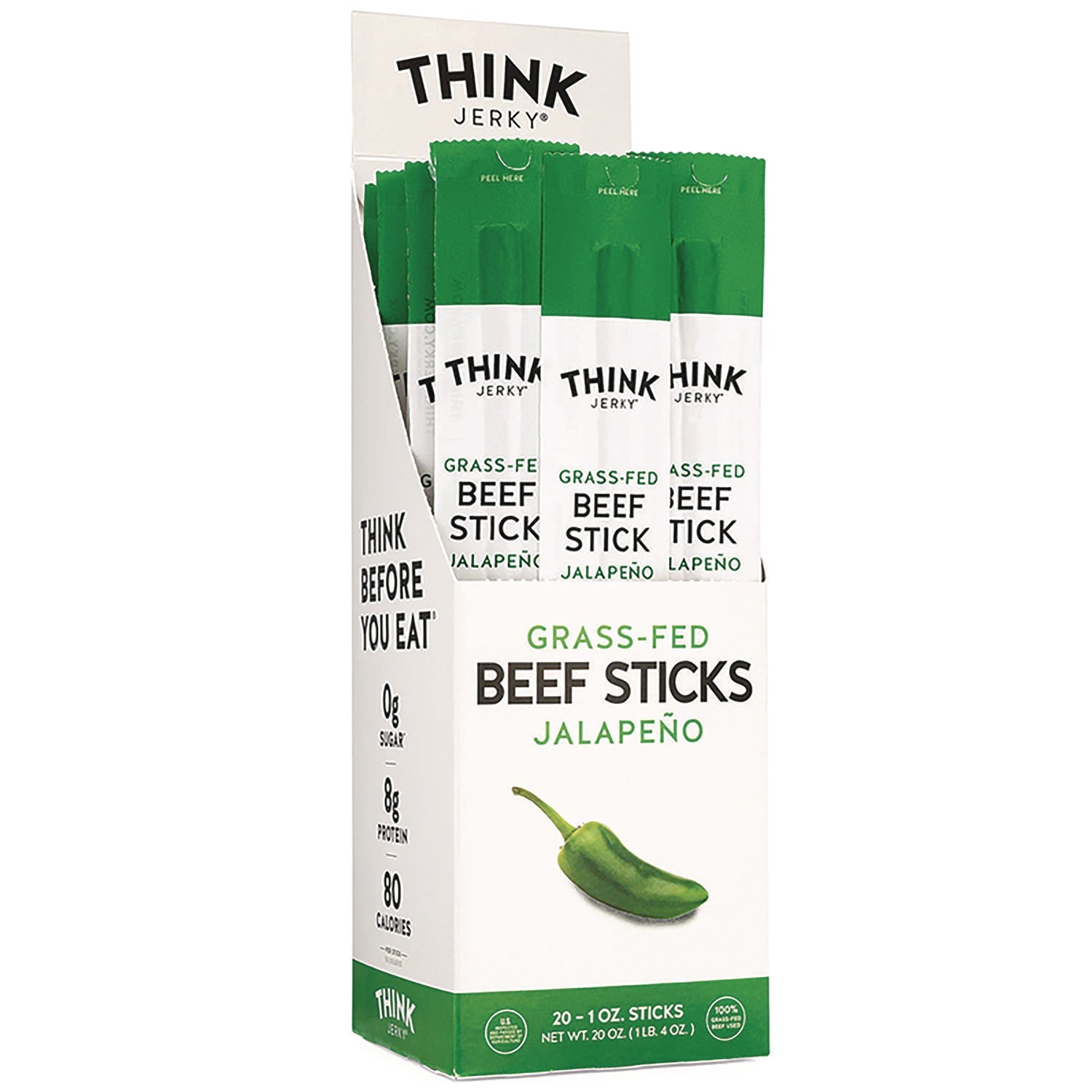 Think Jerky® Jalapeno 100% Grass-Fed Beef Sticks, 1 oz Individually Wrapped Sticks, 20/Carton