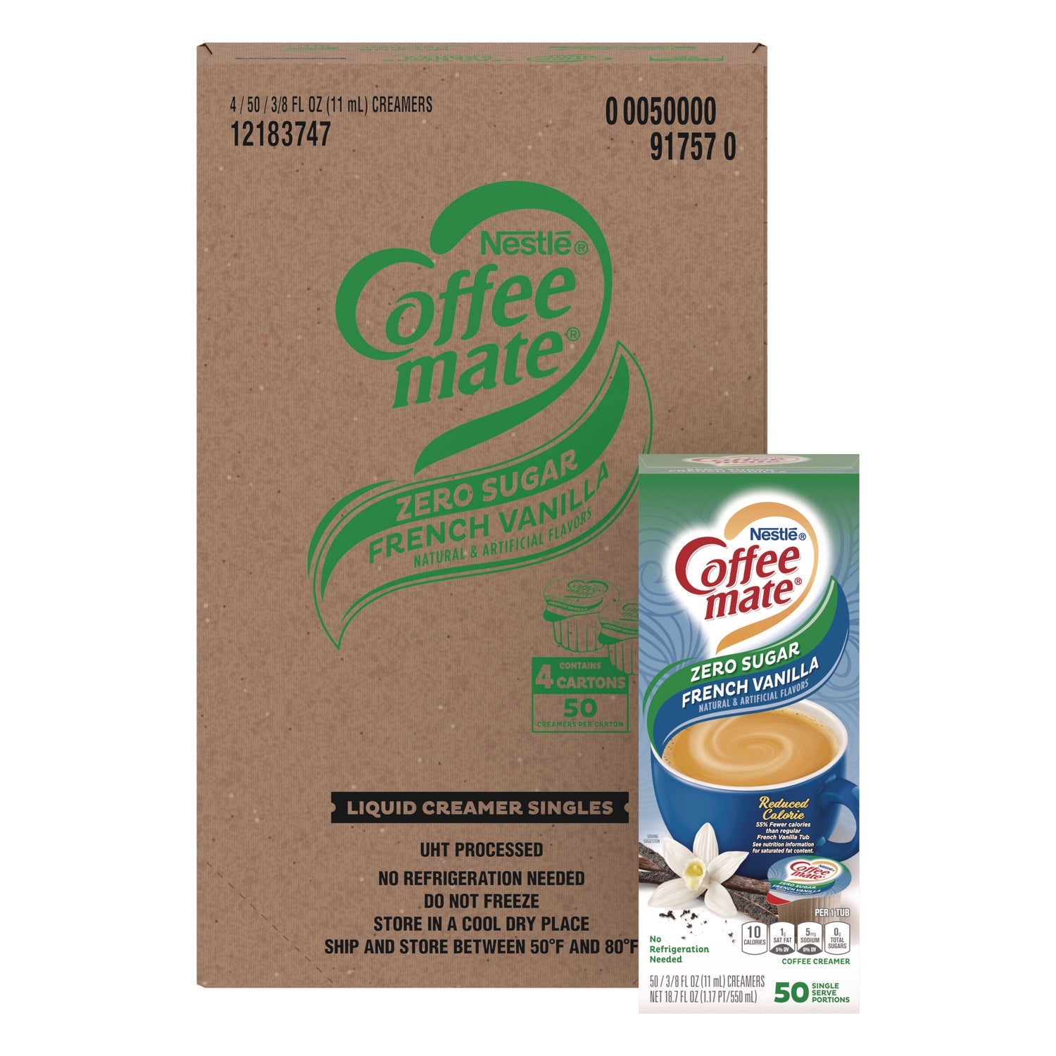 Coffee mate® Liquid Coffee Creamer, Zero Sugar French Vanilla, 0.38 oz Mini Cups, 50/Box, 4 Boxes/Carton