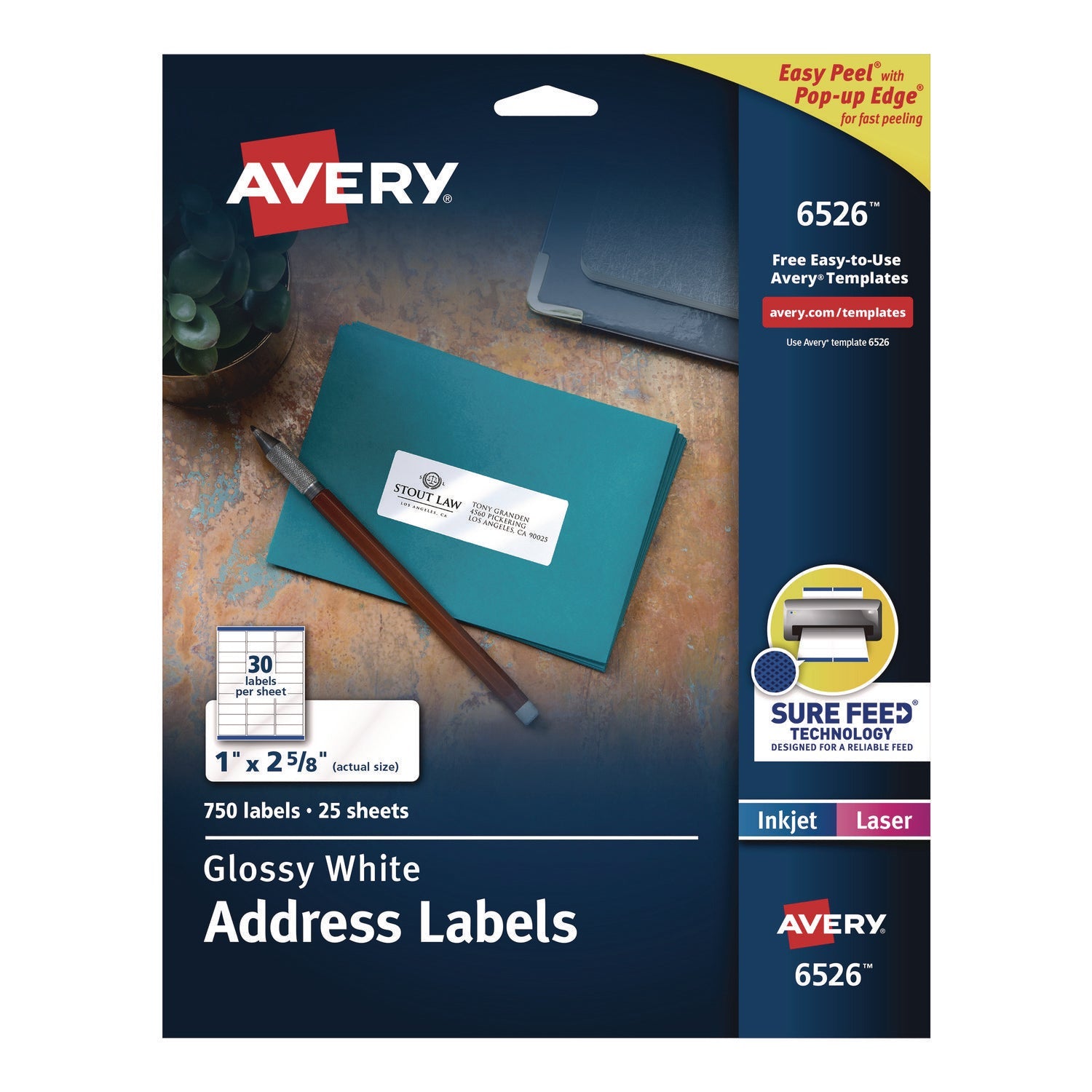 Avery® Glossy White Easy Peel Mailing Labels W/ Sure Feed Technology, Laser Printers, 1 X 2.63, White, 30/sheet, 25 Sheets/pack