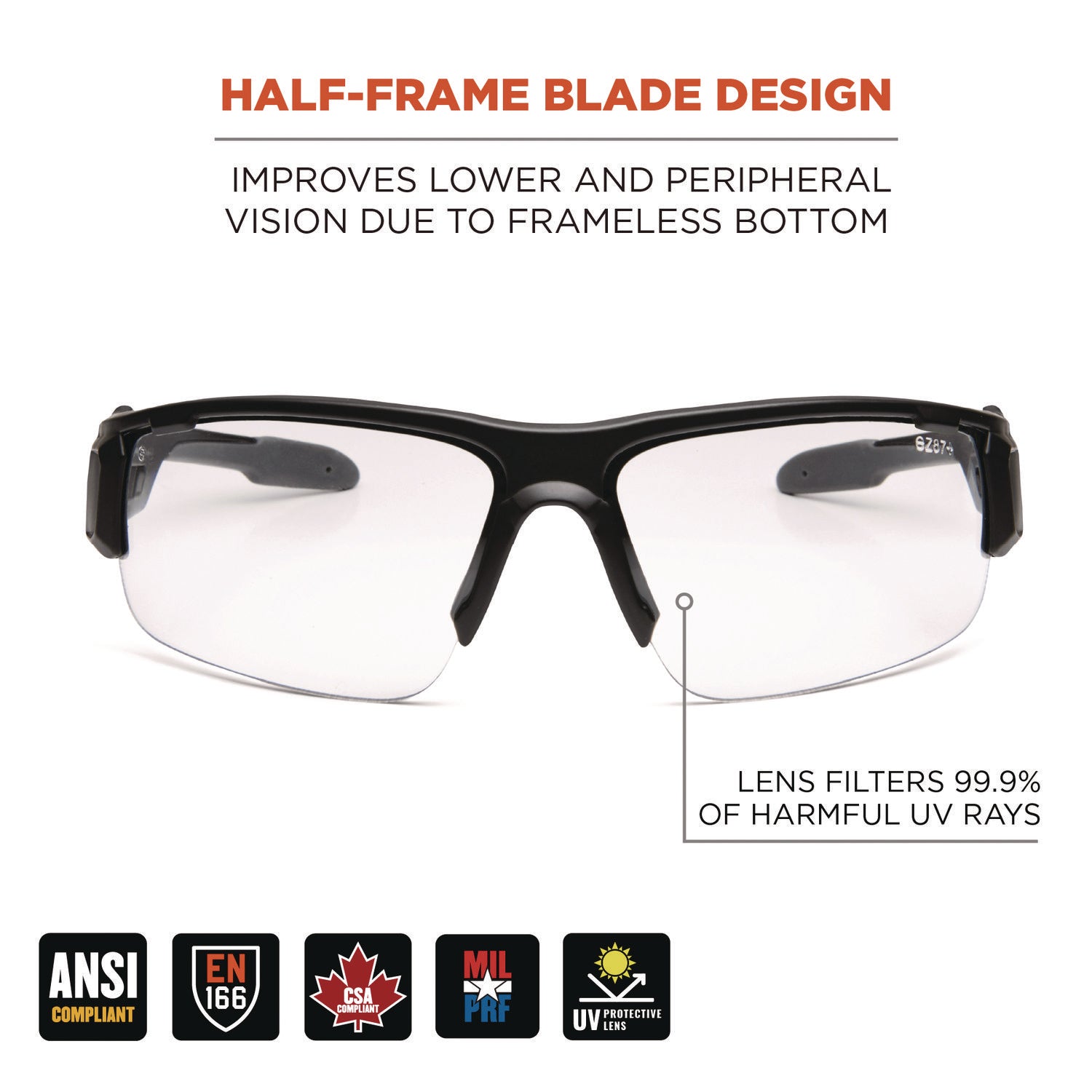 ergodyne® Skullerz DAGR Anti-Scratch and Enhanced Anti-Fog Safety Glasses, Black Nylon Impact Frame, Clear Polycarbonate Lens