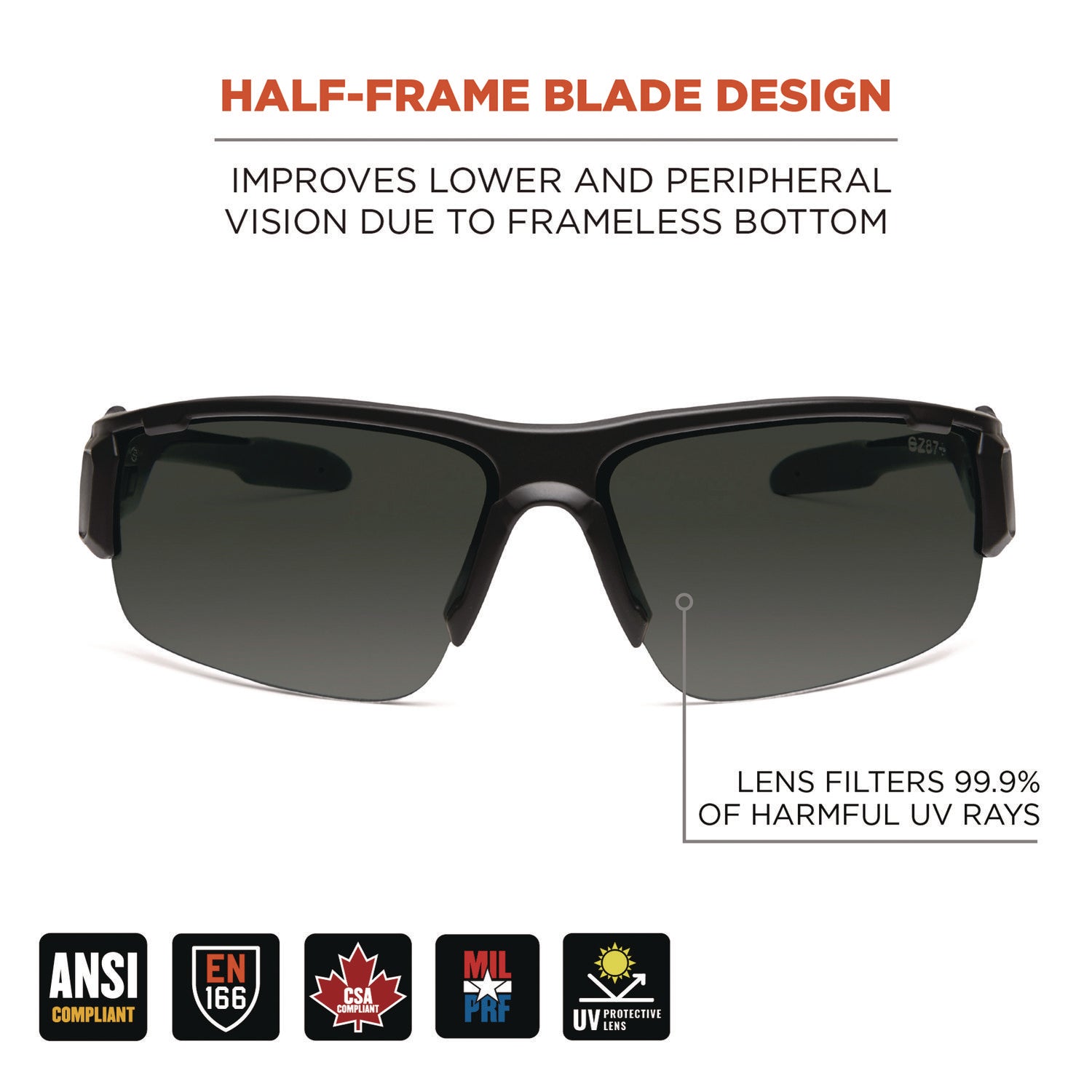 ergodyne® Skullerz DAGR Anti-Scratch and Enhanced Anti-Fog Safety Glasses, Black Nylon Impact Frame, Smoke Polycarbonate Lens