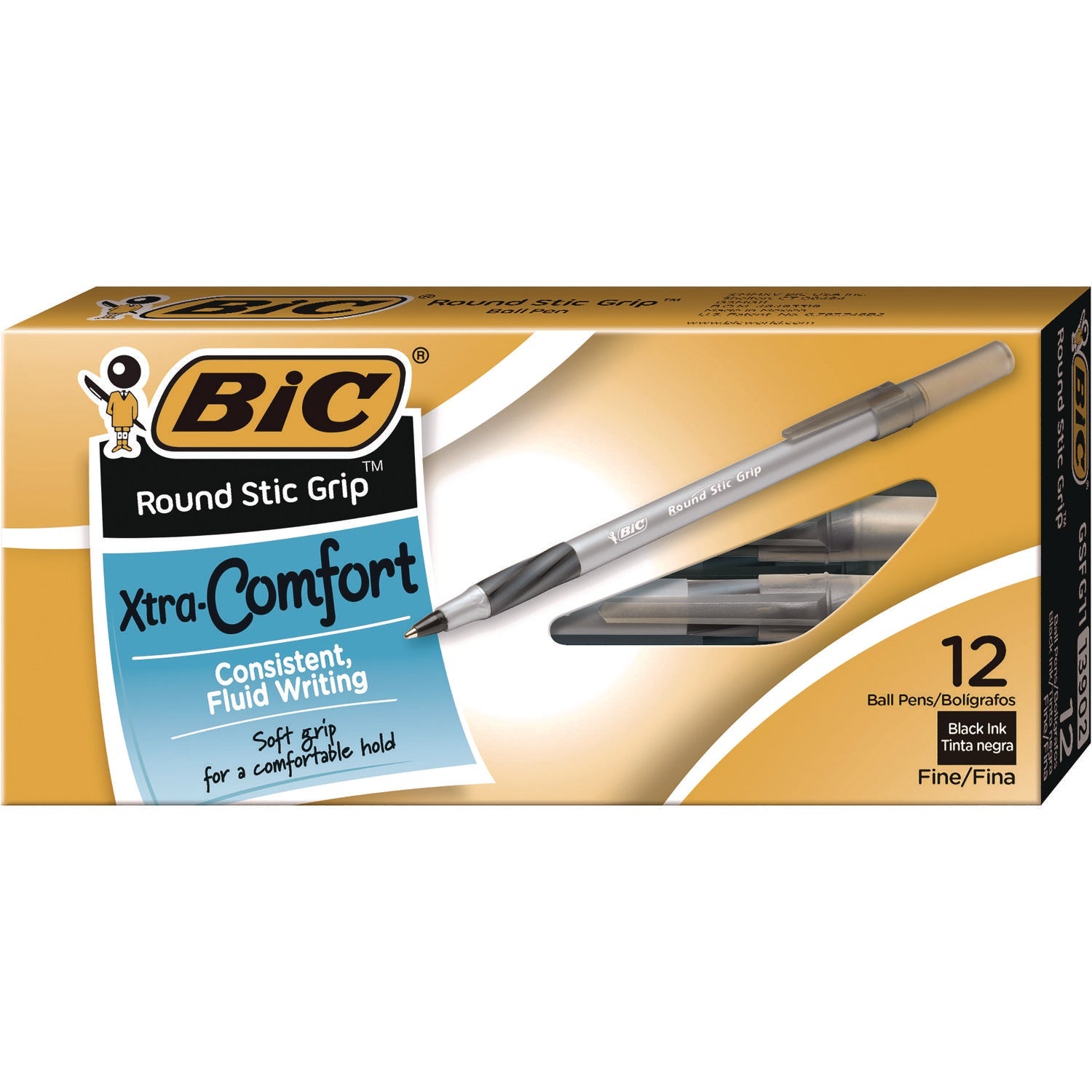 BIC® Round Stic Grip Xtra Comfort Ballpoint Pen, Stick, Fine 0.8 Mm, Black Ink, Gray/black Barrel, Dozen