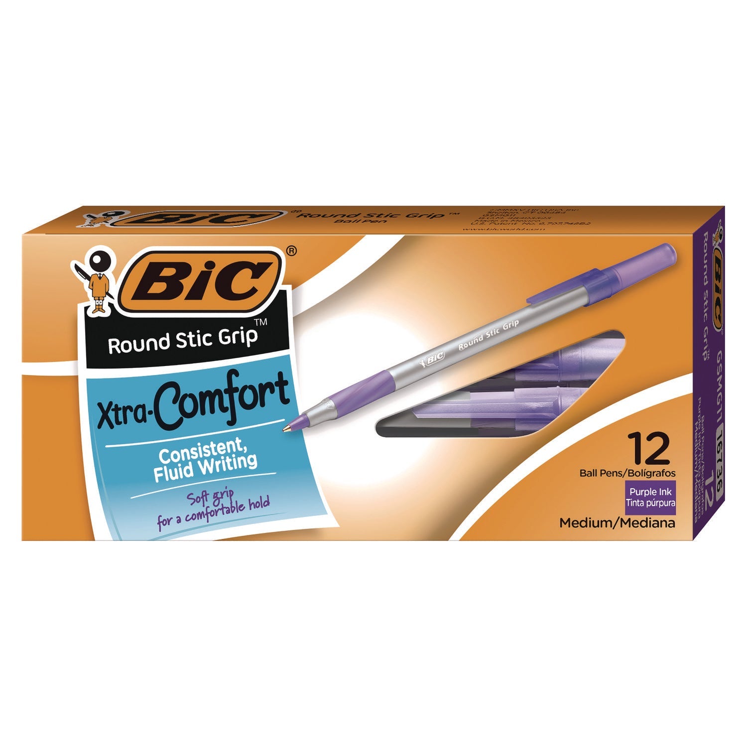 BIC® Round Stic Grip Xtra Comfort Ballpoint Pen, Easy-Glide System, Stick, Medium 1.2 mm, Purple Ink, Gray/Purple Barrel, Dozen