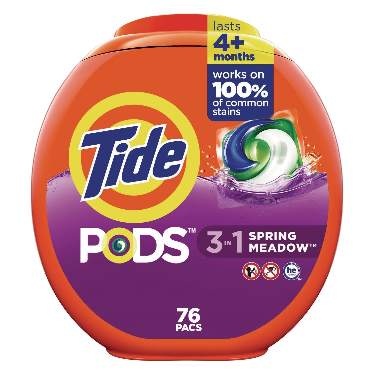 Tide® PODS Laundry Detergent, Spring Meadow, 66 oz Tub, 76 Pacs/Tub, 4 Tubs/Carton