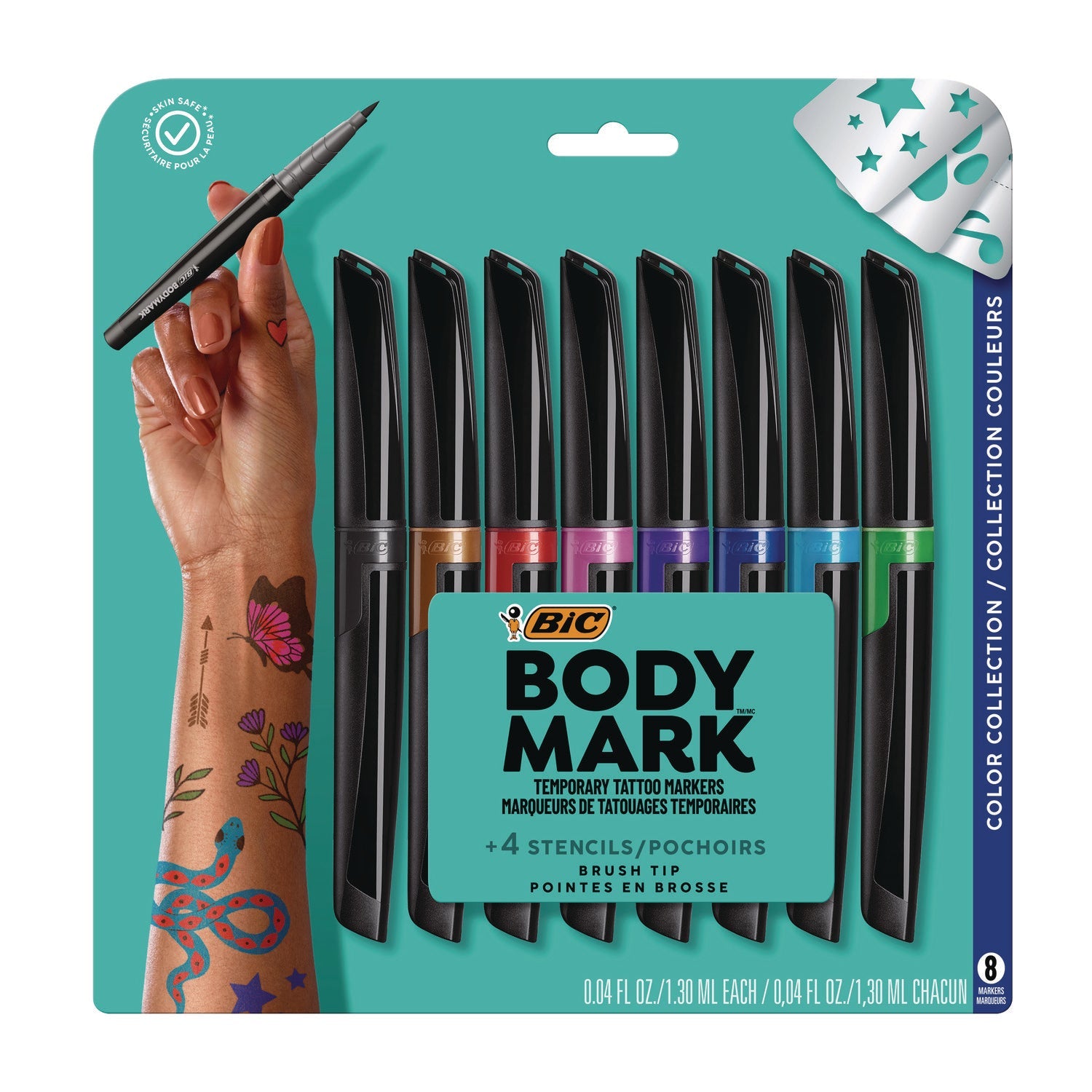 BIC® BodyMark Temporary Tattoo Markers, Fine Brush Tip, Assorted Colors, 8/Pack