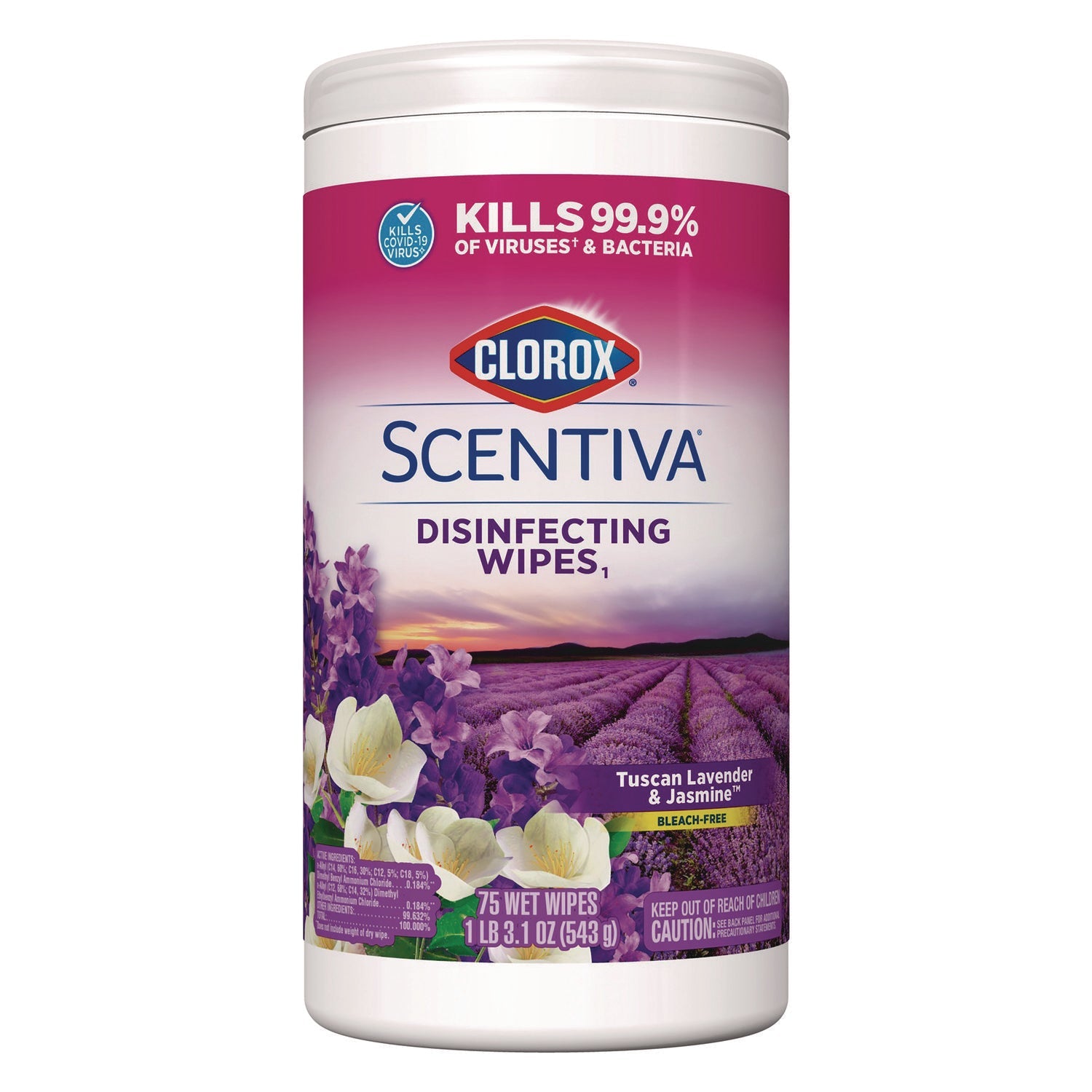 Clorox® Scentiva Bleach Free Cleaning Wipes, 7.75 x 7, Tuscan Lavender and Jasmine, 75/Canister