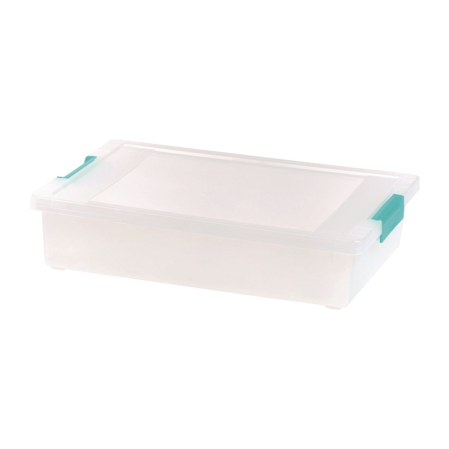 IRIS Latch Lid Storage Box, 2.3 gal, 14 x 11 x 3.5, Clear Bin/Seafoam Latches