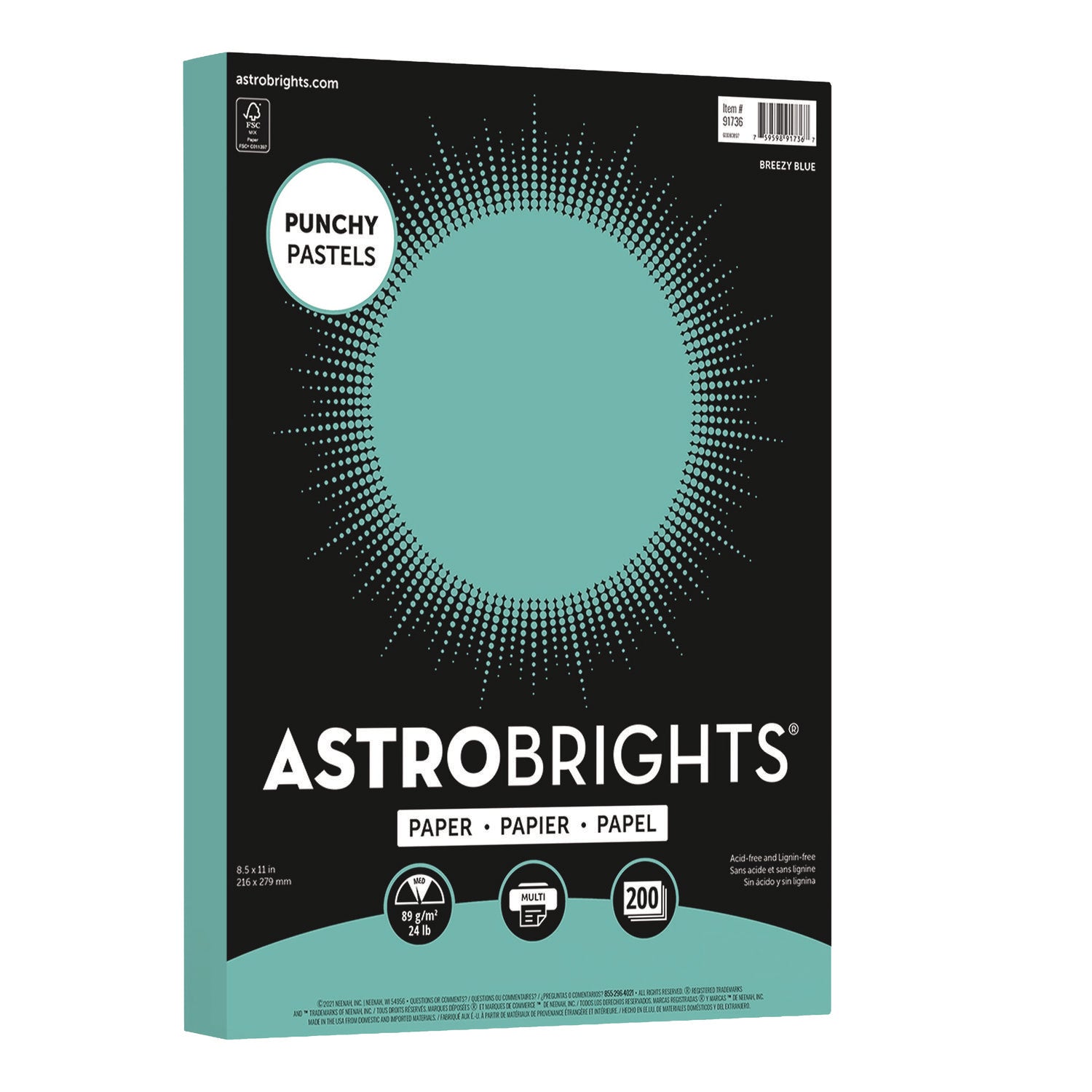 Astrobrights® Color Paper - "Punchy Pastels" Assortment, 24 lb Bond Weight, 8.5 x 11, Breezy Blue, 200/Pack