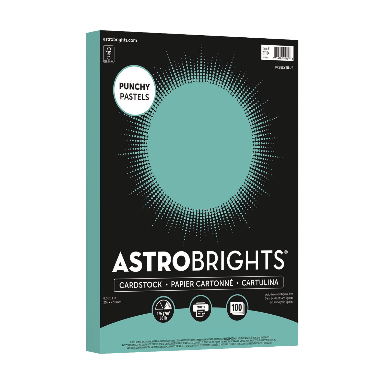 Astrobrights® Color Cardstock -"Punchy Pastels" Assortment, 65 lb Cover Weight, 8.5 x 11, Breezy Blue, 100/Pack