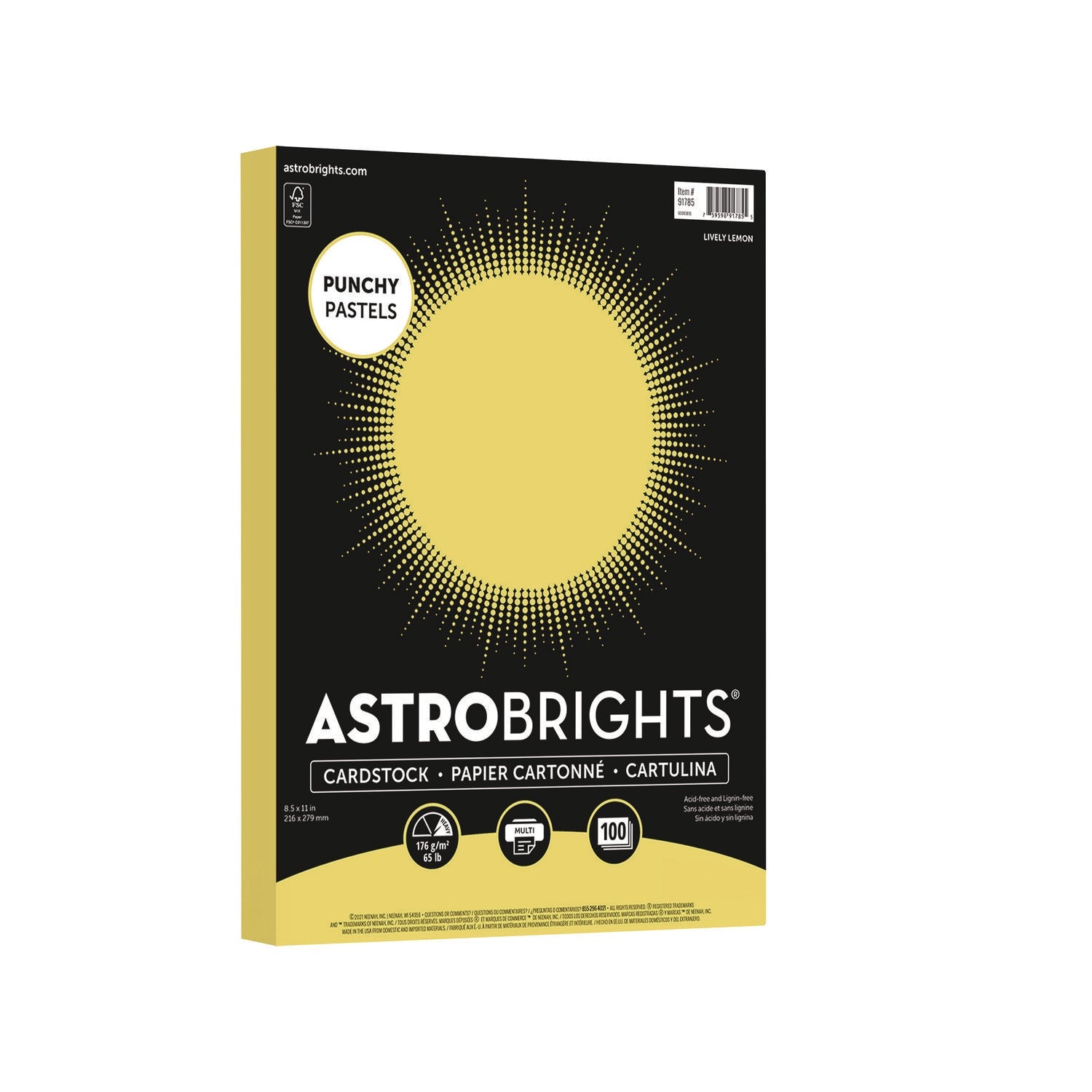 Astrobrights® Color Cardstock -"Punchy Pastels" Assortment, 65 lb Cover Weight, 8.5 x 11, Lively Lemon, 100/Pack