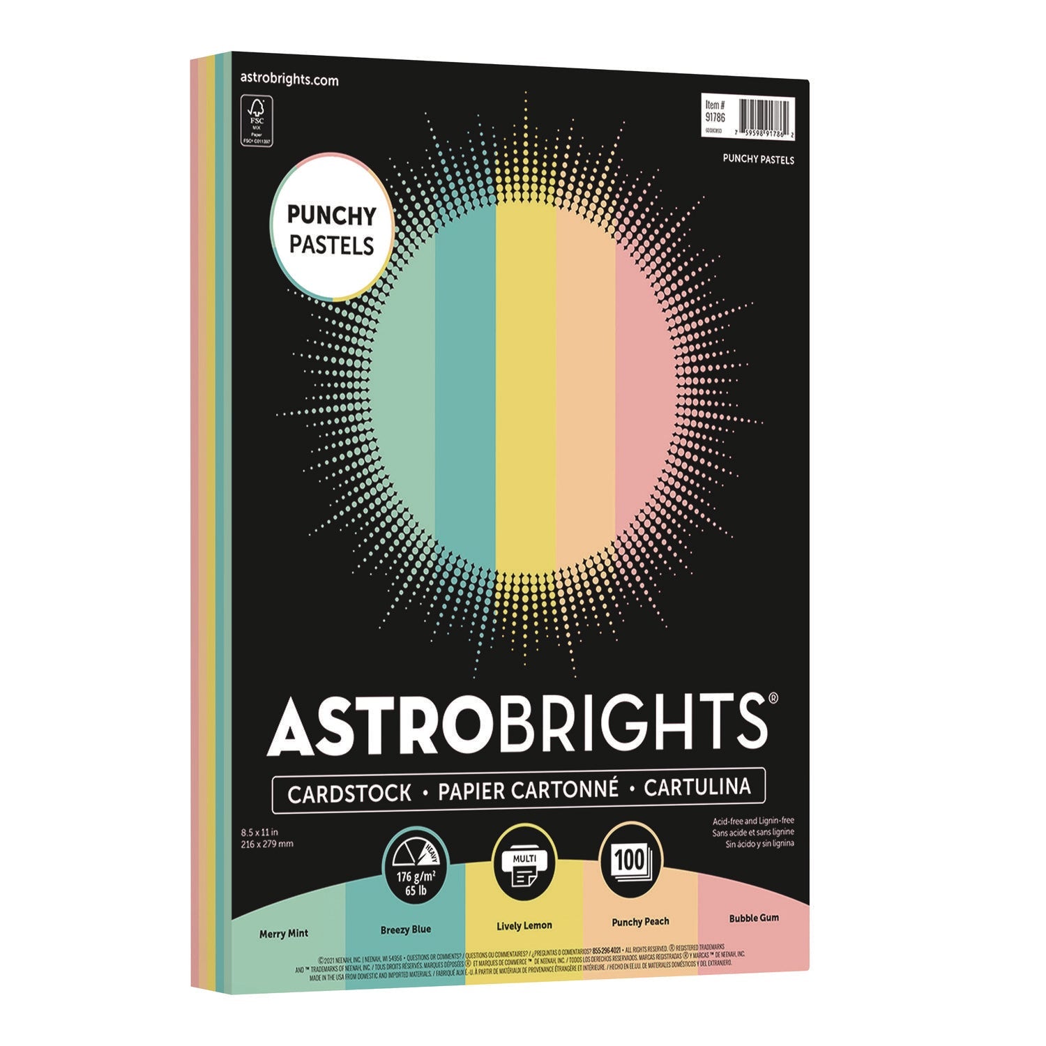 Astrobrights® Color Cardstock -"Punchy Pastels" Assortment, 65 lb Cover Weight, 8.5 x 11, Assorted, 100/Pack