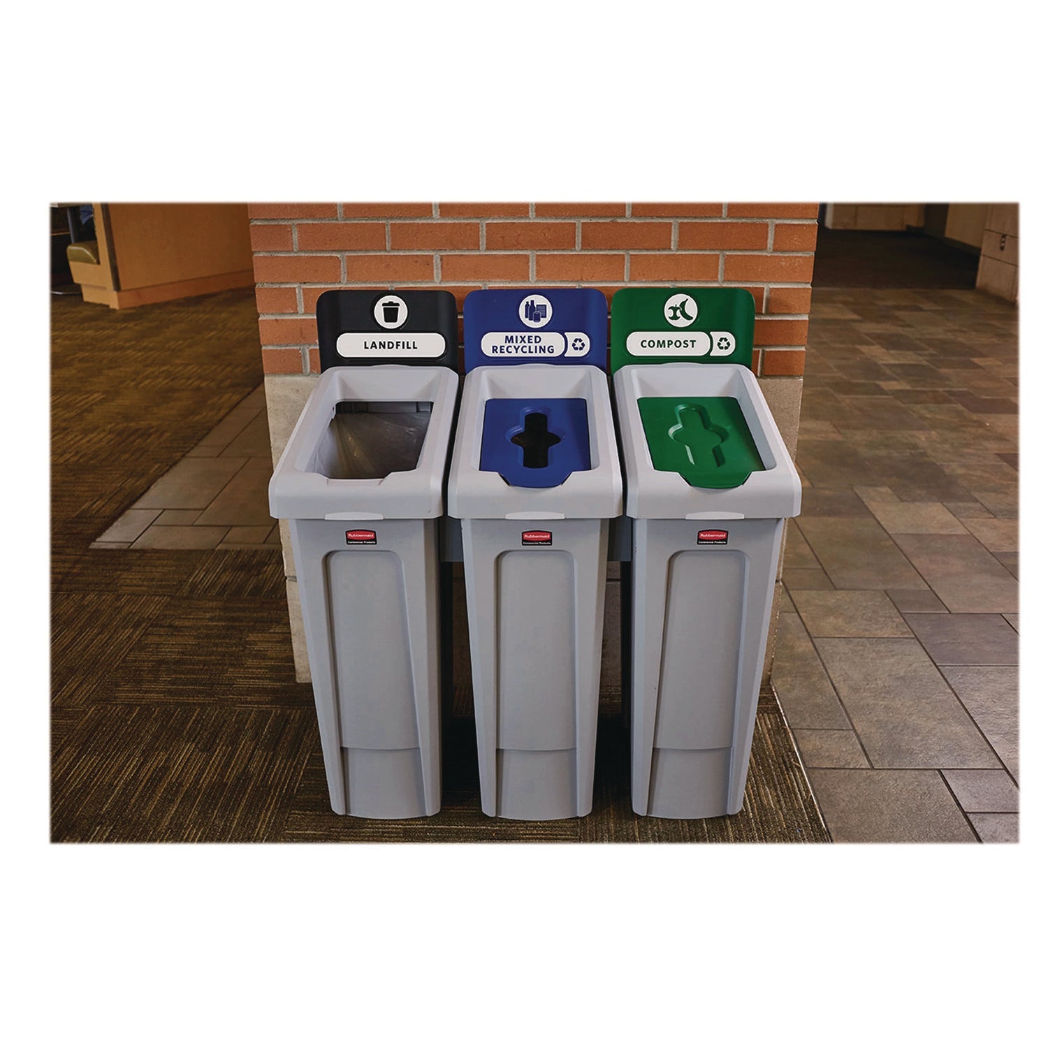Rubbermaid® Commercial Slim Jim Recycling Station Kit, 1-Stream Compost, 23 gal, Plastic, Green/Gray