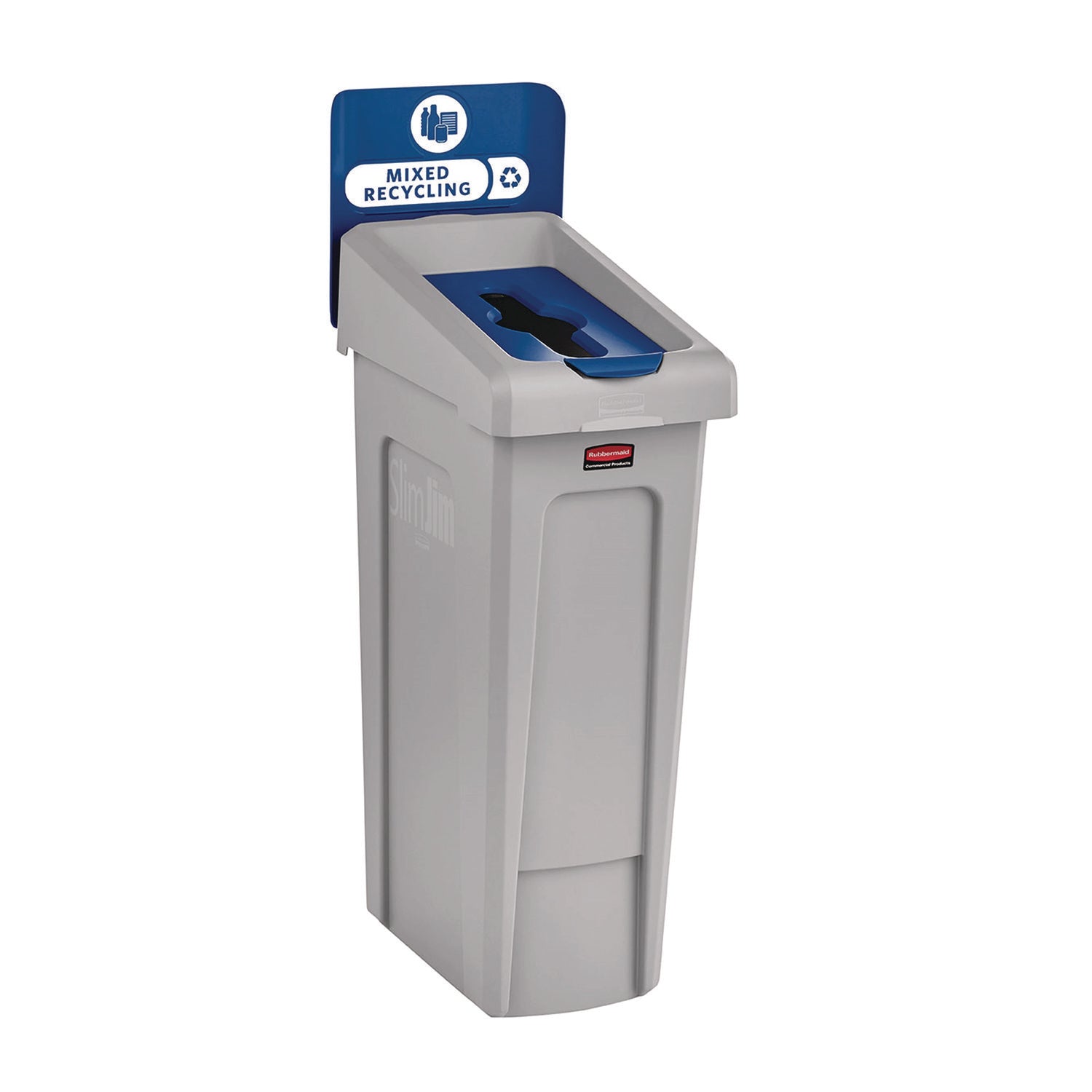 Rubbermaid® Commercial Slim Jim Recycling Station Kit, 1-Stream Mixed Recycling, 23 gal, Plastic, Gray/Blue