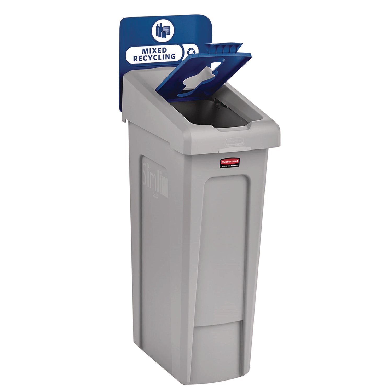 Rubbermaid® Commercial Slim Jim Recycling Station Kit, 1-Stream Mixed Recycling, 23 gal, Plastic, Gray/Blue