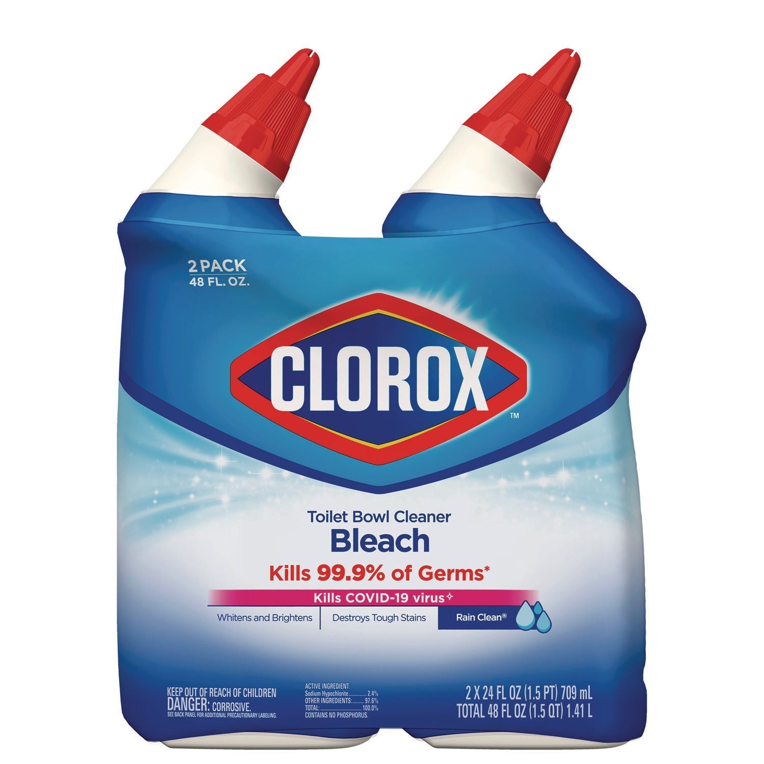 Clorox® Disinfecting Toilet Bowl Cleaner with Bleach, Rain Clean Scent, 24 oz Bottle, 2/Pack