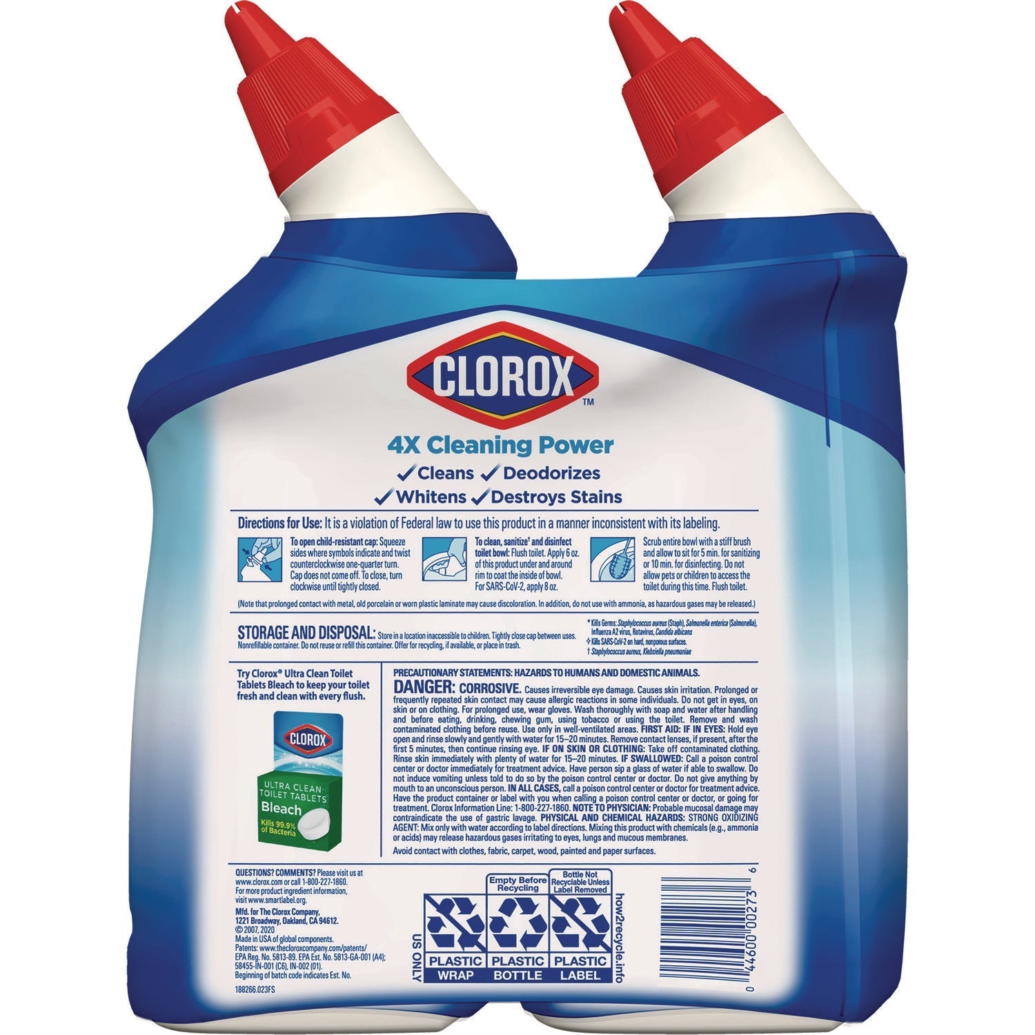 Clorox® Disinfecting Toilet Bowl Cleaner with Bleach, Rain Clean Scent, 24 oz Bottle, 2/Pack