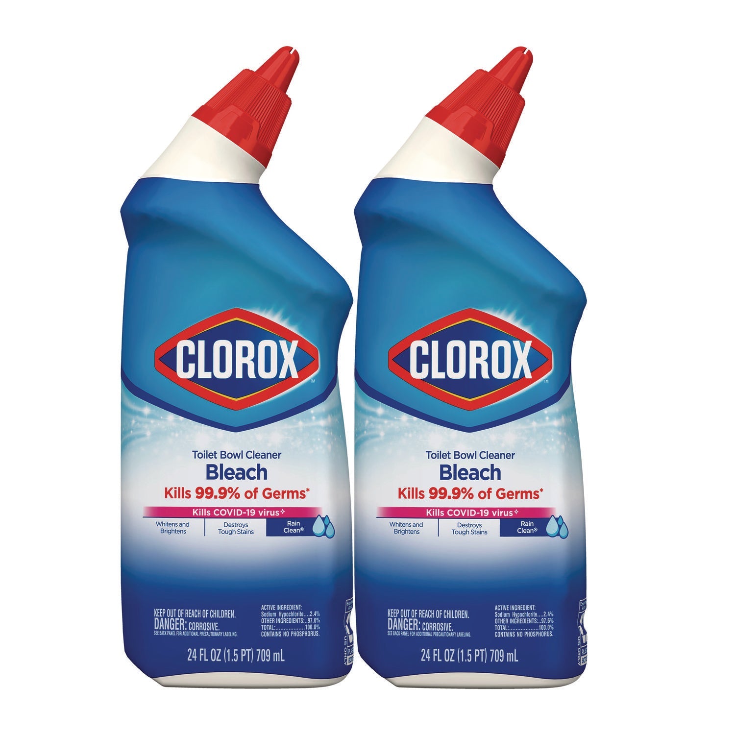 Clorox® Disinfecting Toilet Bowl Cleaner with Bleach, Rain Clean Scent, 24 oz Bottle, 2/Pack