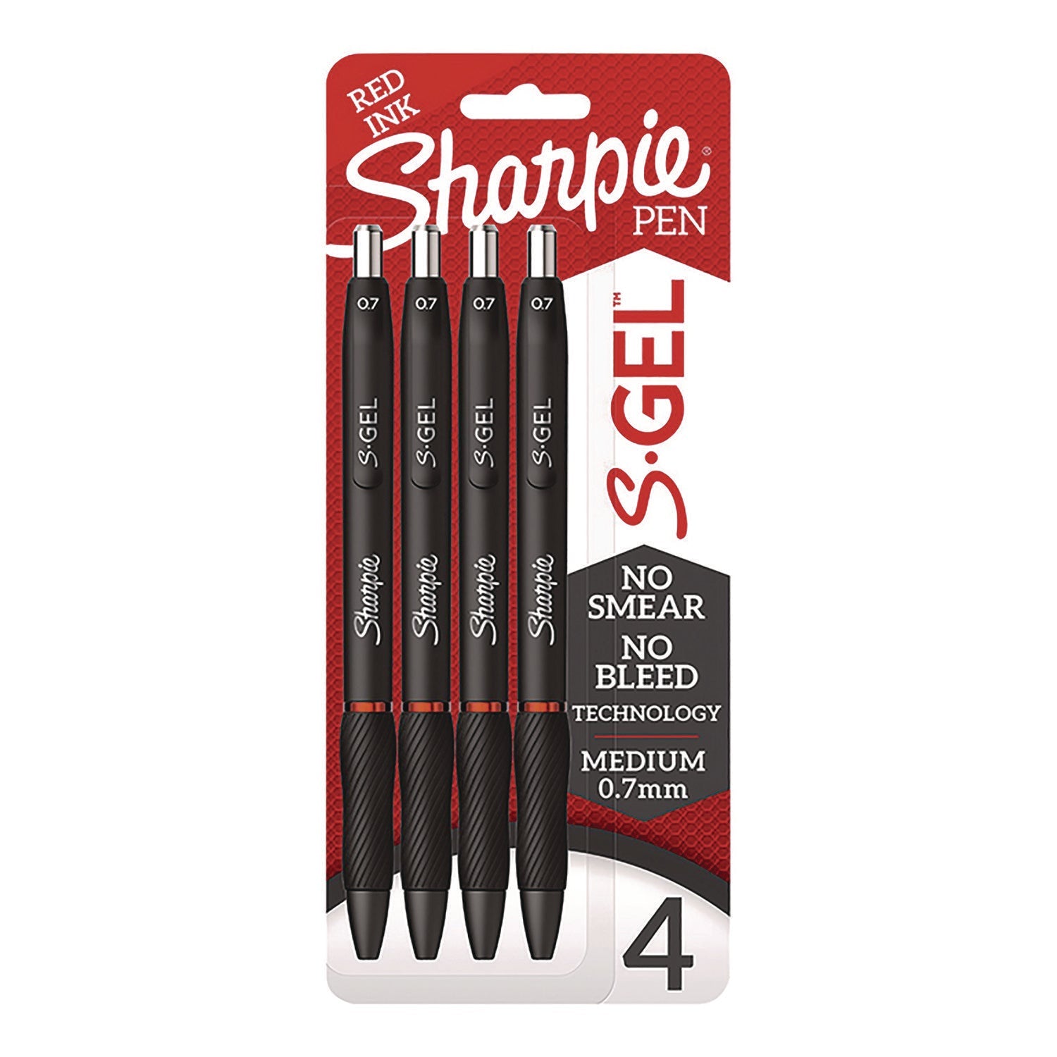 Sharpie® S-Gel™ S-Gel Gel Pen, Retractable, Medium 0.7 mm, Red Ink, Black Barrel, 4/Pack