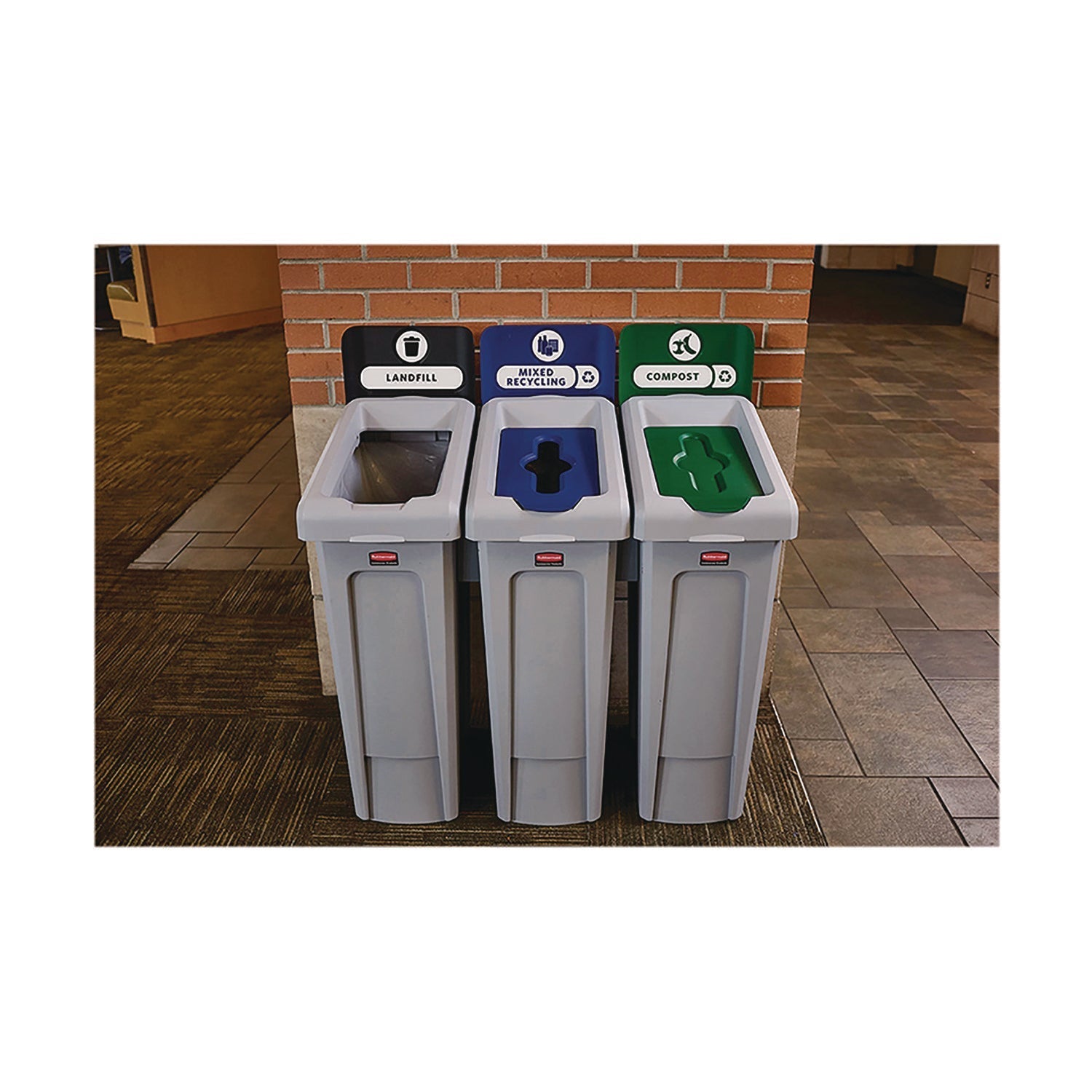 Rubbermaid® Commercial Slim Jim Recycling Station Kit, 1-Stream Mixed Recycling, 23 gal, Plastic, Gray/Blue