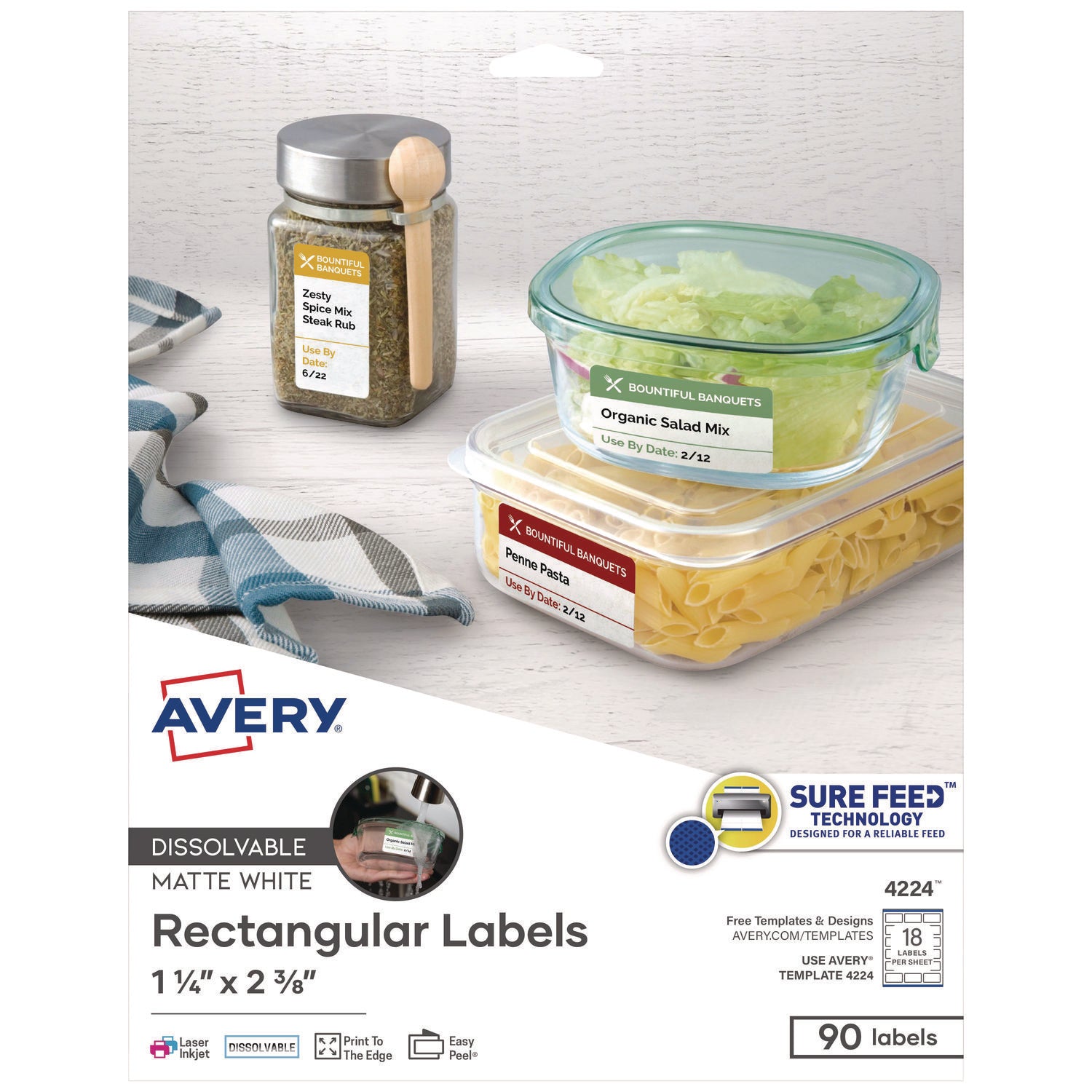 Avery® White Dissolvable Labels w/ Sure Feed, 1.25 x 2.38, White, 90/PK