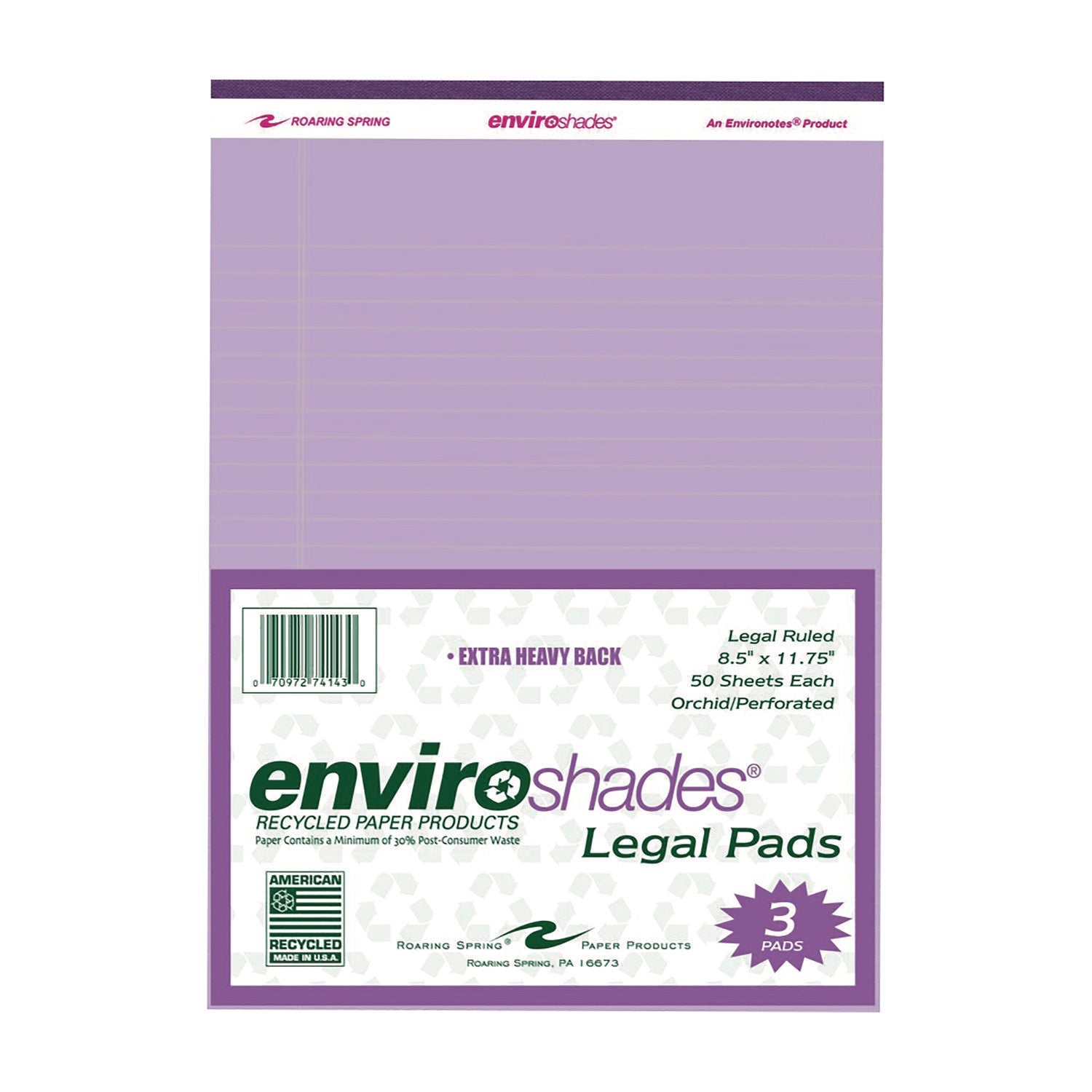 Roaring Spring® Enviroshades Legal Notepads, 50 Orchid 8.5 x 11 Sheets, 3/Pack