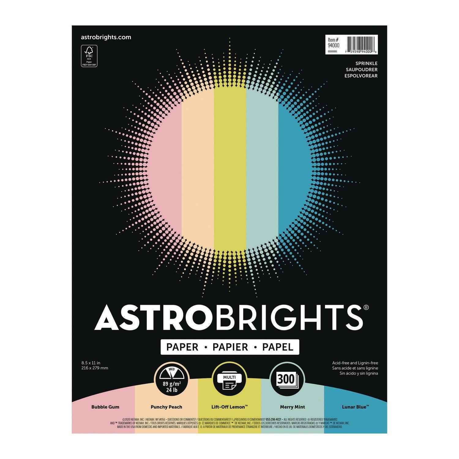 Astrobrights® Color Paper - "Sprinkles" Assortment, 24 lb Bond Weight, 8.5 x 11, 25 Assorted, 300/Pack