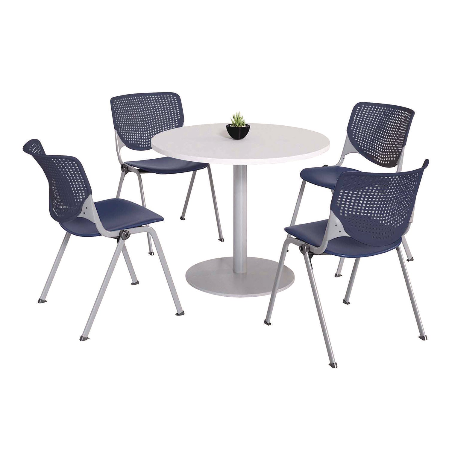 KFI Studios Pedestal Table with Four Navy Kool Series Chairs, Round, 36" Dia x 29h, Designer White