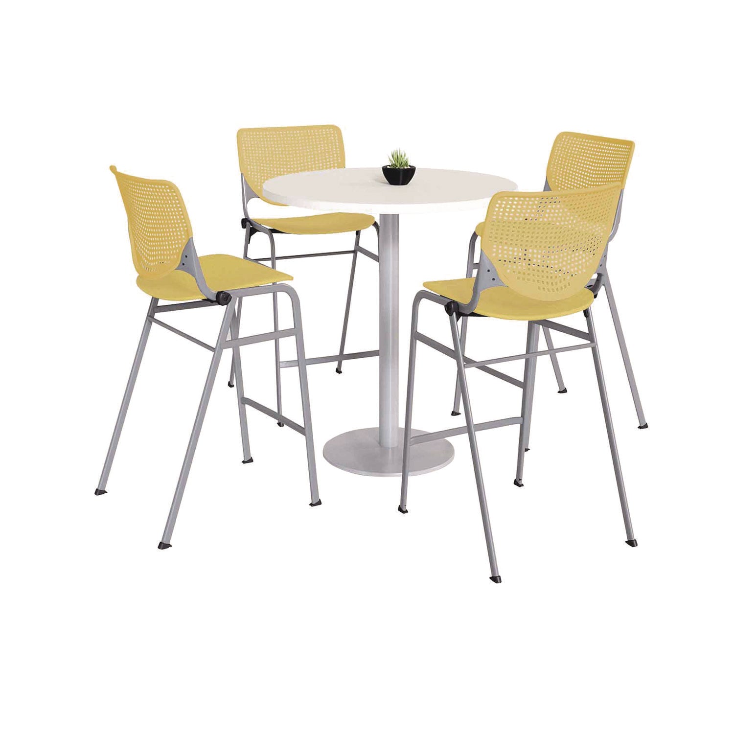 KFI Studios Pedestal Bistro Table with Four Yellow Kool Series Barstools, Round, 36"Dia x 41h, Designer White