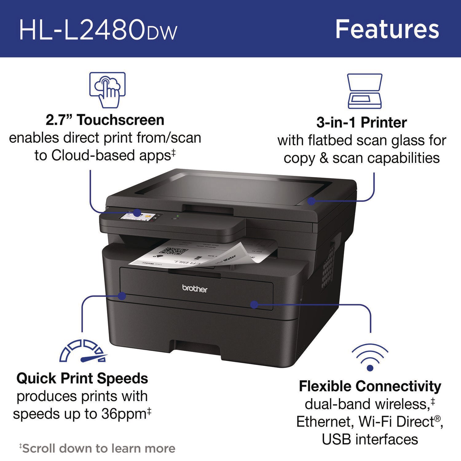 Brother Wireless HL-L2480DW Compact Monochrome Multi-Function Laser Printer, Copy/Print/Scan